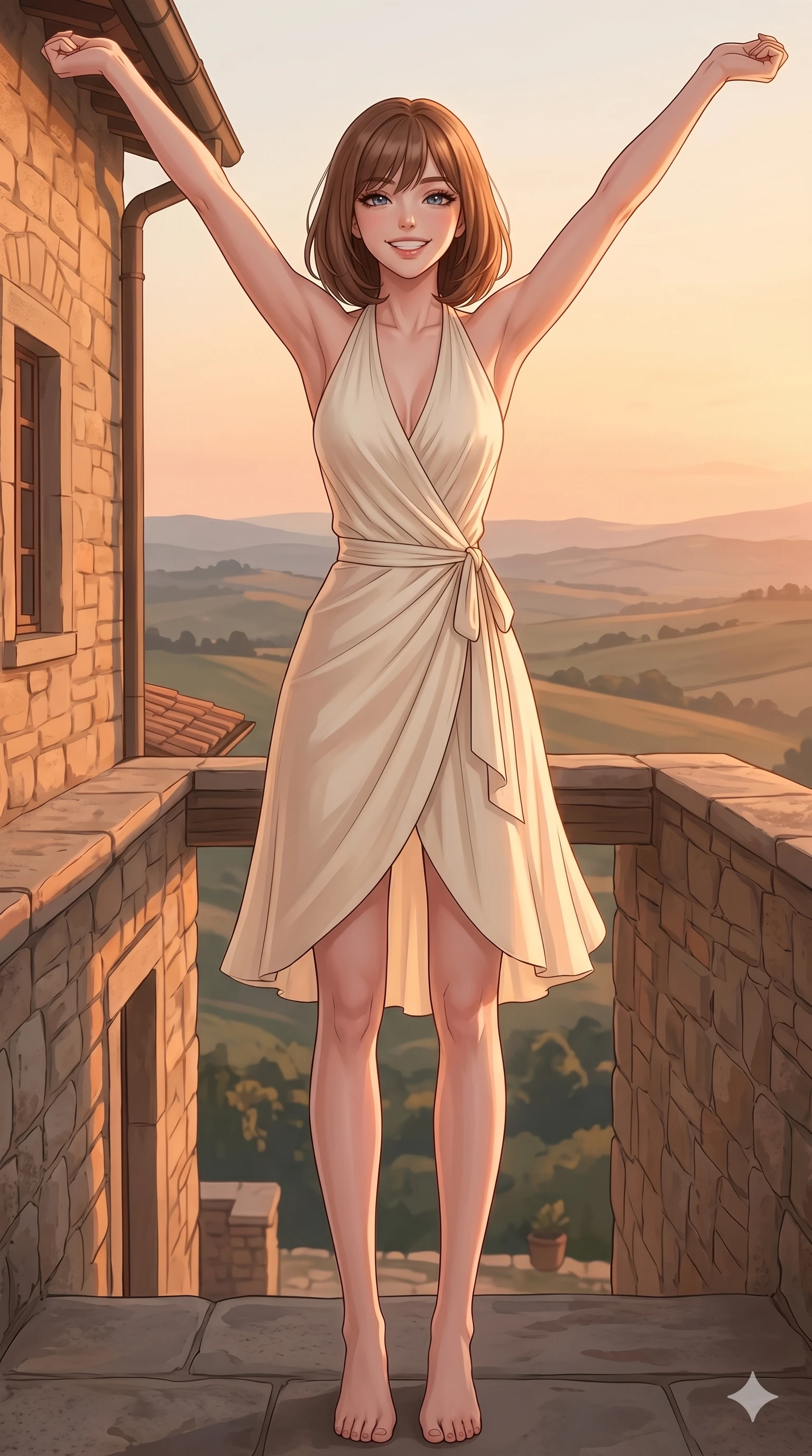 score_9, masterpiece, best quality, ultra-detailed, high-budget anime keyframe, editorial fashion photography, tasteful artistic composition, Caucasian woman, strictly human ears. cowboy shot from the thighs up, character and outfit filling the frame for maximum editorial presence. stretching her arms up with a bright, refreshed smile, greeting the morning sun standing on a balcony of an old stone villa overlooking the countryside. She has an absolutely perfect 8-heads proportion, an exceptionally tall and slender female figure with impossibly long slender legs and an ultra-slim waist. V-shaped jawline, high-bridge nose, intricate jewel-like eyes with depth, thick eyelashes, glossy lips with a natural sheen. wearing a cream-colored wrap dress with a graceful halter neck and bare shoulders. drenched in soft, warm sunrise light casting a gentle orange glow over her silhouette. 2k, ultra detail, master piece, 9:16 ratio