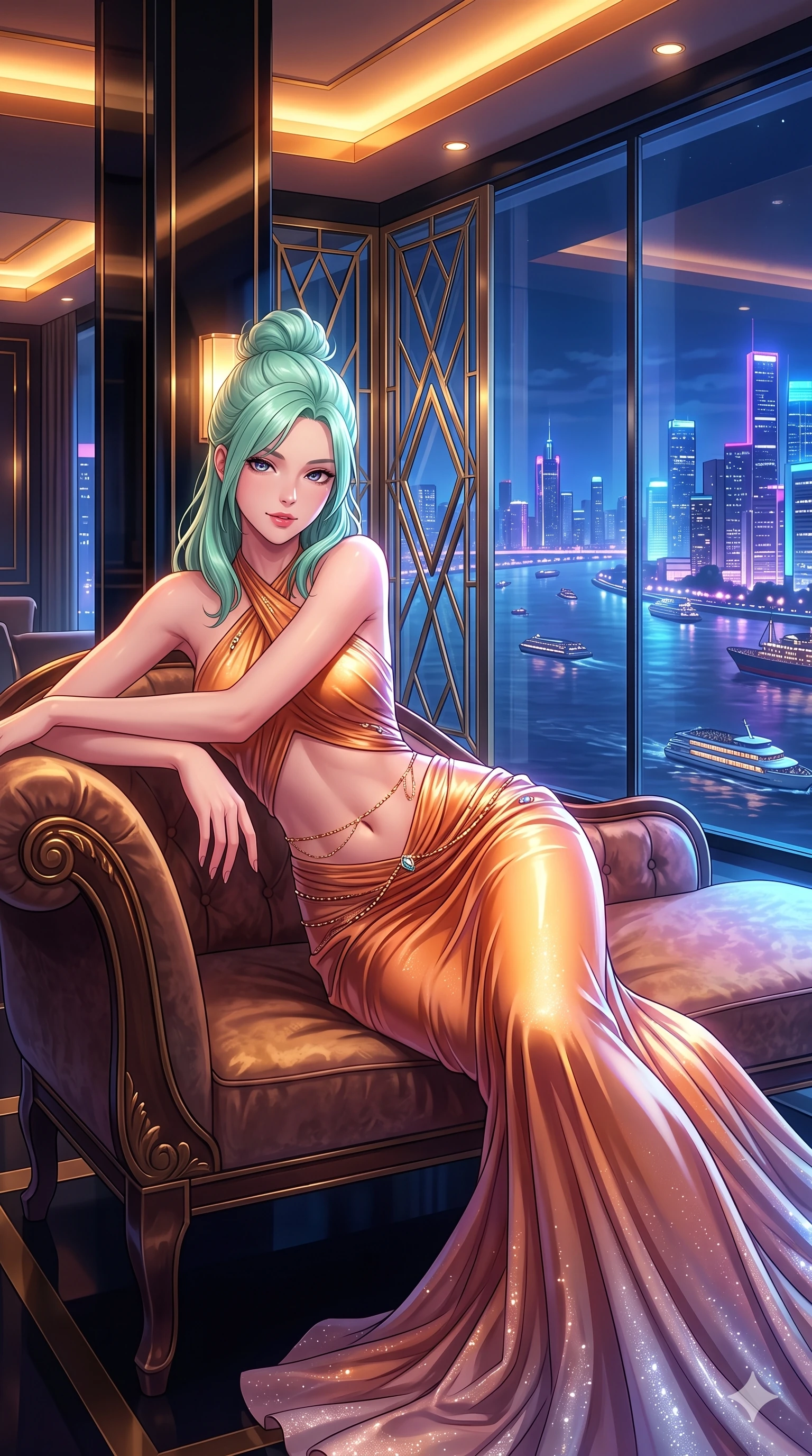 score_9, masterpiece, best quality, ultra-detailed, high-budget anime keyframe, semi-realistic 3D game render, editorial fashion photography, tasteful artistic composition, Japanese woman. close-up cowboy shot from the waist and thighs up, the character dominates the composition, filling the frame with her large presence. perched sideways on the vintage settee, one knee drawn up to showcase her slender leg line while her arched back accentuates her feminine hip curve while lounging in a velvet chaise lounge propped on one elbow with legs crossed, flashing an intoxicating smile with parted glossy lips as river traffic glides past. The surrounding environment is rendered in vivid detail and crisp panoramic clarity: sharp geometric brass window grill bevels, mirror-polished black lacquer pillar reflections, and crisp skyline window grids in deep focus. She has an exceptionally elegant, slender, and willowy female figure with an ultra-slim waist, flat toned midriff, narrow ribcage, and sculpted feminine hips creating an alluring, slim hourglass silhouette without bulk. sharp v-shaped jawline, high-bridge nose, intricate jewel-like sparkling eyes with depth, thick eyelashes, glossy parted lips with a natural sheen, intensely captivating and seductive bedroom-eyes expression, exuding both youthful cute charm and sovereign luxury allure, flawlessly proportioned anatomical accuracy, strict slender model proportions, natural body alignment, perfectly sculpted long slender limbs, ultra-slim waistline, clean dynamic posture without body distortion. wearing a sculpted liquid-satin mermaid gown tailored with contouring seams that adhere flawlessly over her curves in cosmic eclipse amber and starlight diamond, tailored from heavy double-faced silk georgette with an exceptionally fluid drape, accented with a dainty gold belly chain resting across her flat midriff and curving hips, the impeccably tailored cut draping gracefully along her slender figure with aristocratic poise. bathed in the prestigious warm 2600K amber glow of recessed Art Deco cove lighting combined with cool neon skyline fill through panoramic glass. highly saturated vibrant anime colors, detailed shading with soft gradients, rich glossy textures, high-contrast stereoscopic depth, volumetric dynamic lighting, master piece, 9:16 ratio