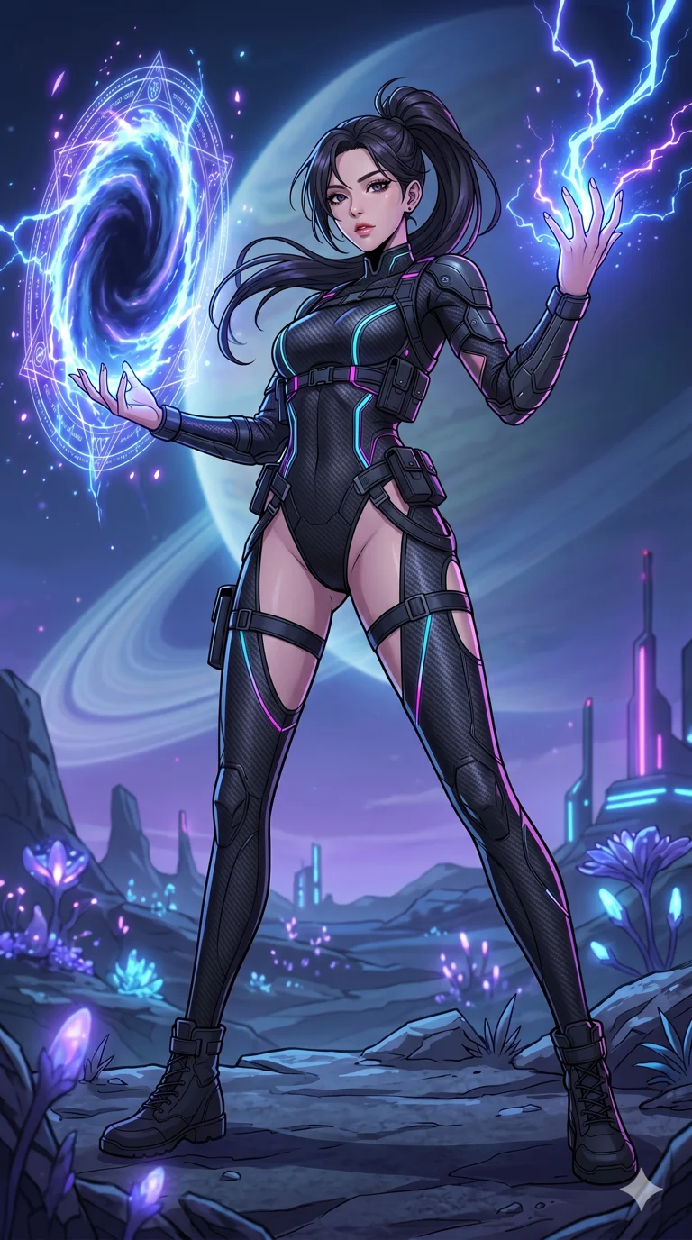 score_9, masterpiece, best quality, ultra-detailed, High-budget Anime Keyframe, vibrant colors, fluid line-art, expressive lighting, cinematic composition, Ufotable-style visual effects, top-tier animation quality, Korean woman with idol-like refined features. Wide-angle low shot emphasizing her impossibly long slender legs and commanding stature. Summoning a swirling portal to another dimension with her bare hands, the edges of the rift crackling with unstable energy. She has an absolutely perfect 8-heads proportion, an exceptionally tall and slender female figure with impossibly long slender legs and an ultra-slim waist, her statuesque height and towering silhouette dominating the vertical 9:16 frame. Her face is a masterpiece featuring a sharp v-shaped jawline, high-bridge nose, intricate jewel-like eyes with depth, thick eyelashes, and glossy lips with a natural sheen. She is wearing a Micro-bodysuit with a complex integrated harness system and high-cut leg lines crafted from Carbon-fiber weave with a high-tech matte finish and integrated glowing filaments, with integrated neon-lit tactical gear and suggestive cutouts on the thighs. The scene is set in a mysterious alien planet with bioluminescent purple flora and a giant ringed planet in the sky, illuminated by harsh neon light and deep shadows creating a high-contrast noir aesthetic. 2k, ultra detail, master piece, 9:16 ratio