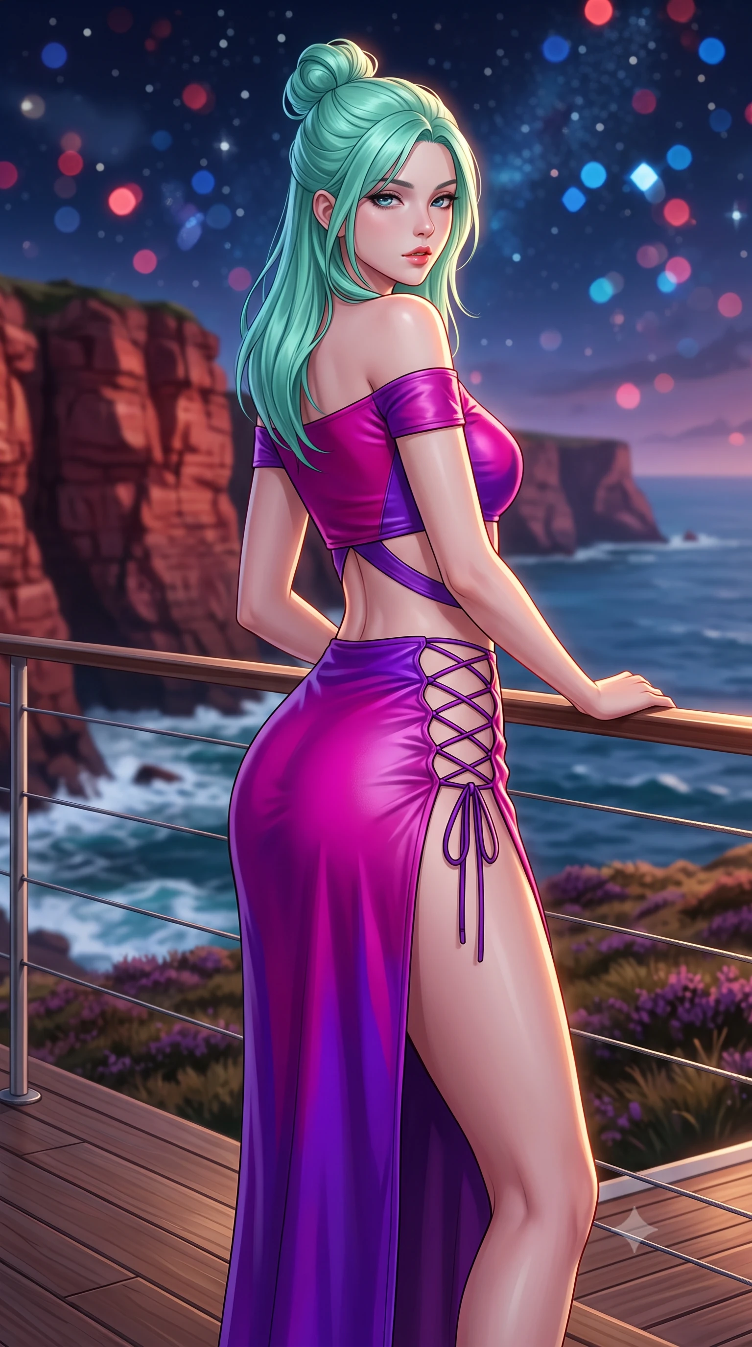 score_9, masterpiece, best quality, ultra-detailed, high-budget anime keyframe, semi-realistic 3D game render, editorial fashion photography, tasteful artistic composition, Japanese woman. close-up cowboy shot from the waist and thighs up, the character dominates the composition, filling the frame with her large presence. posing in an alluring rear three-quarter angle, looking over a bare shoulder with parted glossy lips, her hips cocked back to highlight her slim hourglass curve while leaning against the nautical wire balustrade with hips cocked back, looking out over rolling Atlantic swells with heavy-lidded bedroom-eyes. The background shows a soft-focus towering sea cliffs of red sandstone plunging into foaming Atlantic waters, wild coastal heather moorland, and starry sky blurred into crimson, sapphire, and diamond bokeh. She has an exceptionally elegant, slender, and willowy female figure with an ultra-slim waist, flat toned midriff, narrow ribcage, and sculpted feminine hips creating an alluring, slim hourglass silhouette without bulk. sharp v-shaped jawline, high-bridge nose, intricate jewel-like sparkling eyes with depth, thick eyelashes, glossy parted lips with a natural peach sheen, bright cheerful beaming smile with an enchanting and coquettish sensual glint, exuding both youthful cute charm and seductive allure, flawlessly proportioned anatomical accuracy, strict slender model proportions, natural body alignment, perfectly sculpted long slender limbs, ultra-slim waistline, clean dynamic posture without body distortion. wearing a provocative off-the-shoulder crop top with asymmetrical side-torso cutouts and a high-slit wrap skirt in Supertree bioluminescent magenta and electric violet, woven from buttery-soft stretch lambskin leather adhering to her body like a second skin, featuring fine criss-cross lace-up side ties revealing tantalizing glimpses of her hip curve, the high-slit wrap tailoring accentuating her ultra-slim waistline and the enchanting curve of her feminine hips with alluring seductive charm. illuminated by deck wood reflection bounce and sharp copper-gold rim lights sculpting her jawline, narrow waist, and curvy hips. highly saturated vibrant anime colors, detailed shading with soft gradients, rich glossy textures, high-contrast stereoscopic depth, volumetric dynamic lighting, master piece, 9:16 ratio