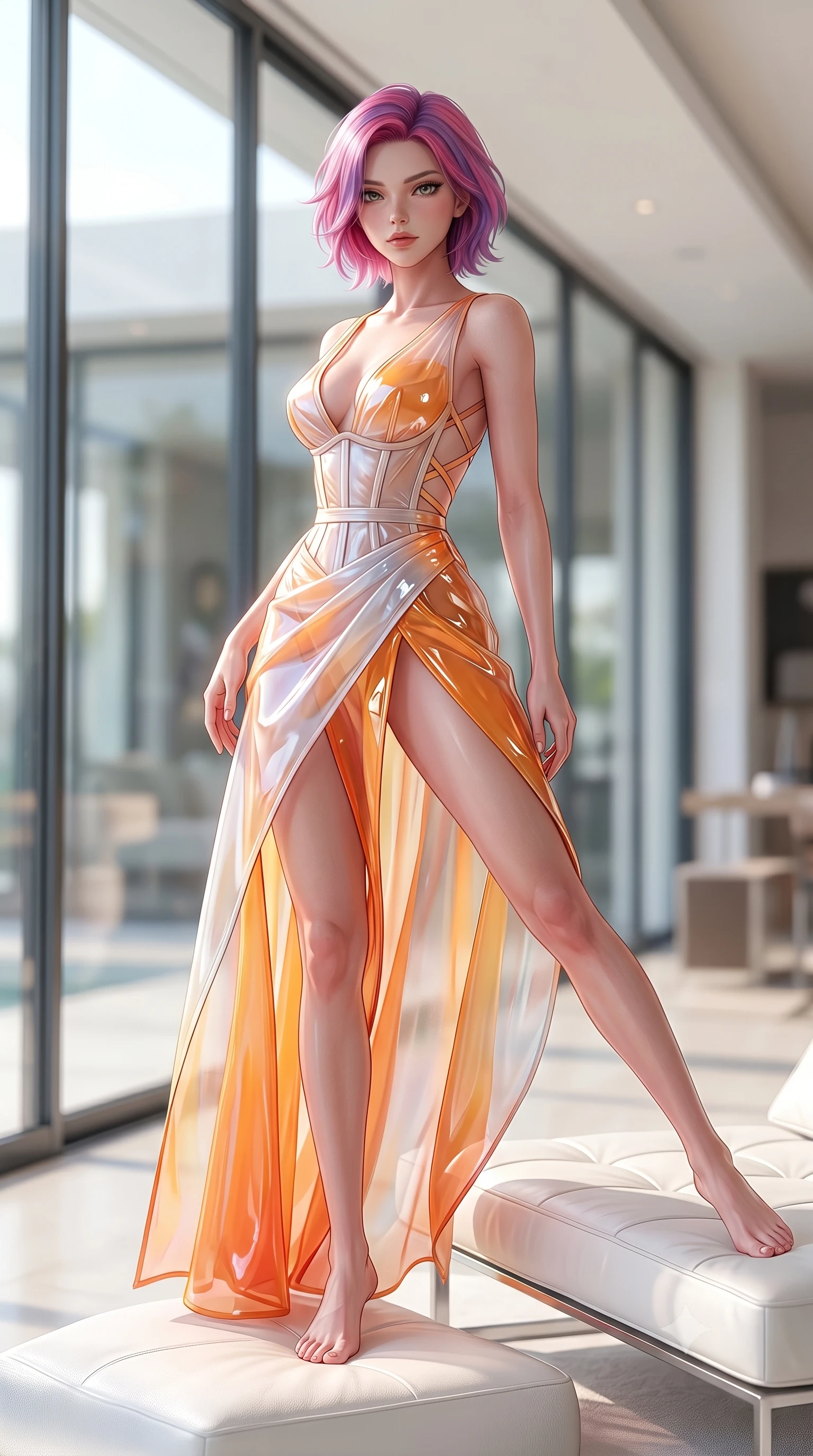 score_9, masterpiece, best quality, ultra-detailed, high-budget anime keyframe, semi-realistic 3D game render, editorial fashion photography, tasteful artistic composition, Caucasian woman. low angle full-body shot from head to toe showing her feet, filling the entire 9:16 vertical frame with her statuesque presence, stretching her vertical silhouette. pivoting dynamically in mid-motion with a breathtakingly alluring posture, displaying her flawless model proportions and ultra-slim waist while stretching her long slender legs along a low white leather lounger as natural daylight floods the interior. The composition keeps background elements in soft focus with creamy bokeh. streaming daylight creating soft, glowing ambient refractions across the background. She has an absolutely perfect, statuesque 8.5-heads proportion, an exceptionally tall and slender model-like female figure with impossibly long slender legs, a toned flat midriff, and an ultra-slim waist. sharp v-shaped jawline, high-bridge nose, intricate jewel-like eyes with depth, thick eyelashes, glossy lips with a natural sheen, flawlessly proportioned anatomical accuracy, strict slender model proportions, natural body alignment, perfectly sculpted long slender limbs, ultra-slim waistline, clean dynamic posture without body distortion. wearing a translucent iridescent organza wrap dress with structured bustier boning, plunging neckline, and high-cut dual leg slits in vivid sunset amber orange and cloud white, formed from high-gloss patent material with specular light reflections, complemented by criss-cross back straps highlighting her completely bare spine, the glove-like aerodynamic second-skin fit tightly clinging to her ultra-slender waist and athletic curves without adding bulk, accentuating her razor-sharp statuesque lines and slim hourglass silhouette. bathed in bright, clean high-key natural sunlight flooding through panoramic glass walls. highly saturated vibrant anime colors, detailed shading with soft gradients, rich glossy textures, high-contrast stereoscopic depth, volumetric dynamic lighting, master piece, 9:16 ratio