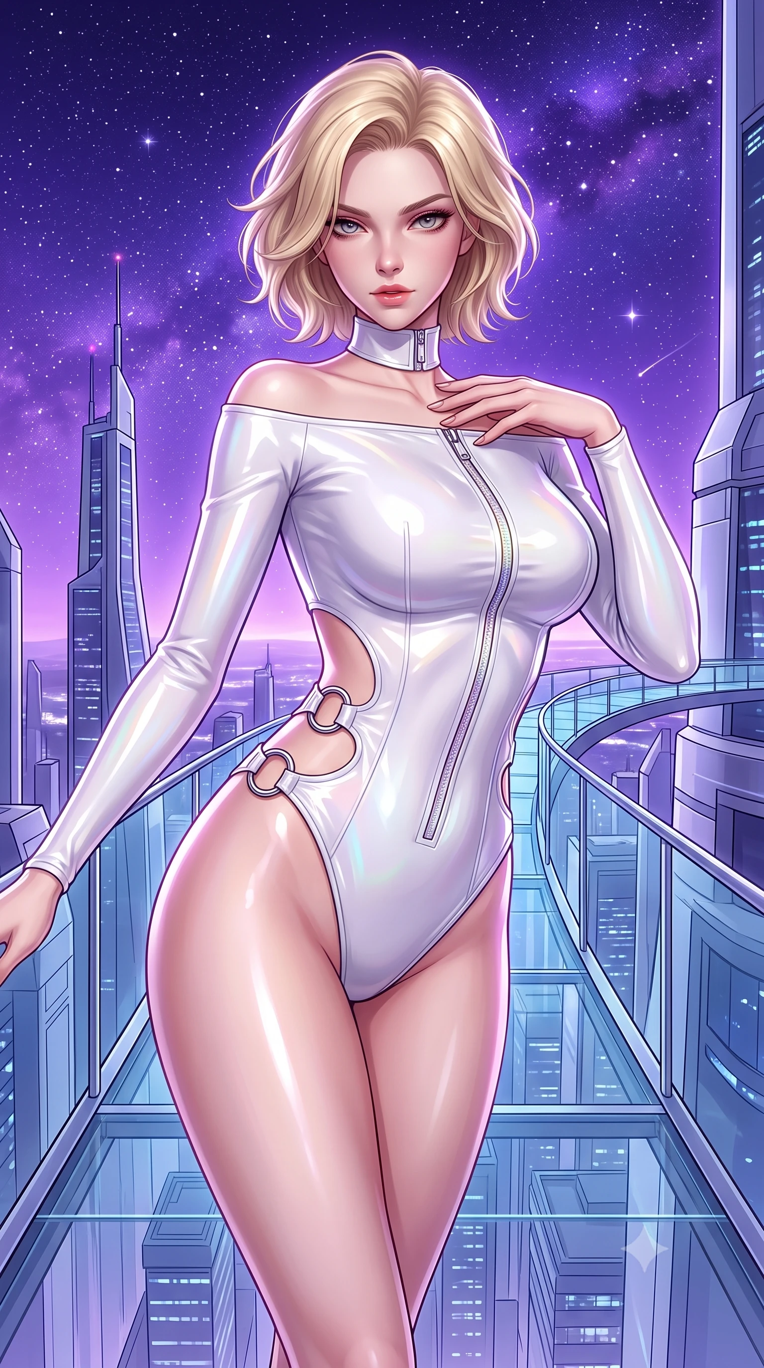 score_9, masterpiece, best quality, ultra-detailed, high-budget anime keyframe, semi-realistic 3D game render, editorial fashion photography, tasteful artistic composition, Caucasian woman. close-up cowboy shot from the waist and thighs up, the character dominates the composition, filling the frame with her large presence. leaning forward with a dangerous, enticing smolder, resting one hand near her collarbone while casting a fiery, magnetic direct gaze while stepping along a floating glass promenade connecting celestial towers under a violet starlit sky. The surrounding environment is rendered in vivid detail and crisp panoramic clarity. high-contrast pristine architectural lines and breathtaking high-altitude panoramas in panoramic precision. She has an exceptionally elegant, slender, and willowy female figure with an ultra-slim waist, a gracefully sculpted slender torso, toned flat midriff, and a refined slim silhouette. sharp v-shaped jawline, high-bridge nose, intricate jewel-like eyes with depth, thick eyelashes, glossy lips with a natural sheen, flawlessly proportioned anatomical accuracy, strict slender model proportions, natural body alignment, perfectly sculpted long slender limbs, ultra-slim waistline, clean dynamic posture without body distortion. wearing a glossy white second-skin latex bodysuit with high-thigh cuts, exposed clavicle neckline, and gleaming zipper details in glistening liquid pearl white with rainbow opalescence, formed from high-gloss patent material with specular light reflections, detailed with polished silver rings connecting the daring side-waist cutouts, the liquid-tight tailored fabric emphasizing every curve of her tall, slender model proportions and sculptured silhouette during dynamic movement. illuminated by crisp starlight rim highlights sharply outlining her ultra-slim waist and long legs. highly saturated vibrant anime colors, detailed shading with soft gradients, rich glossy textures, high-contrast stereoscopic depth, volumetric dynamic lighting, master piece, 9:16 ratio