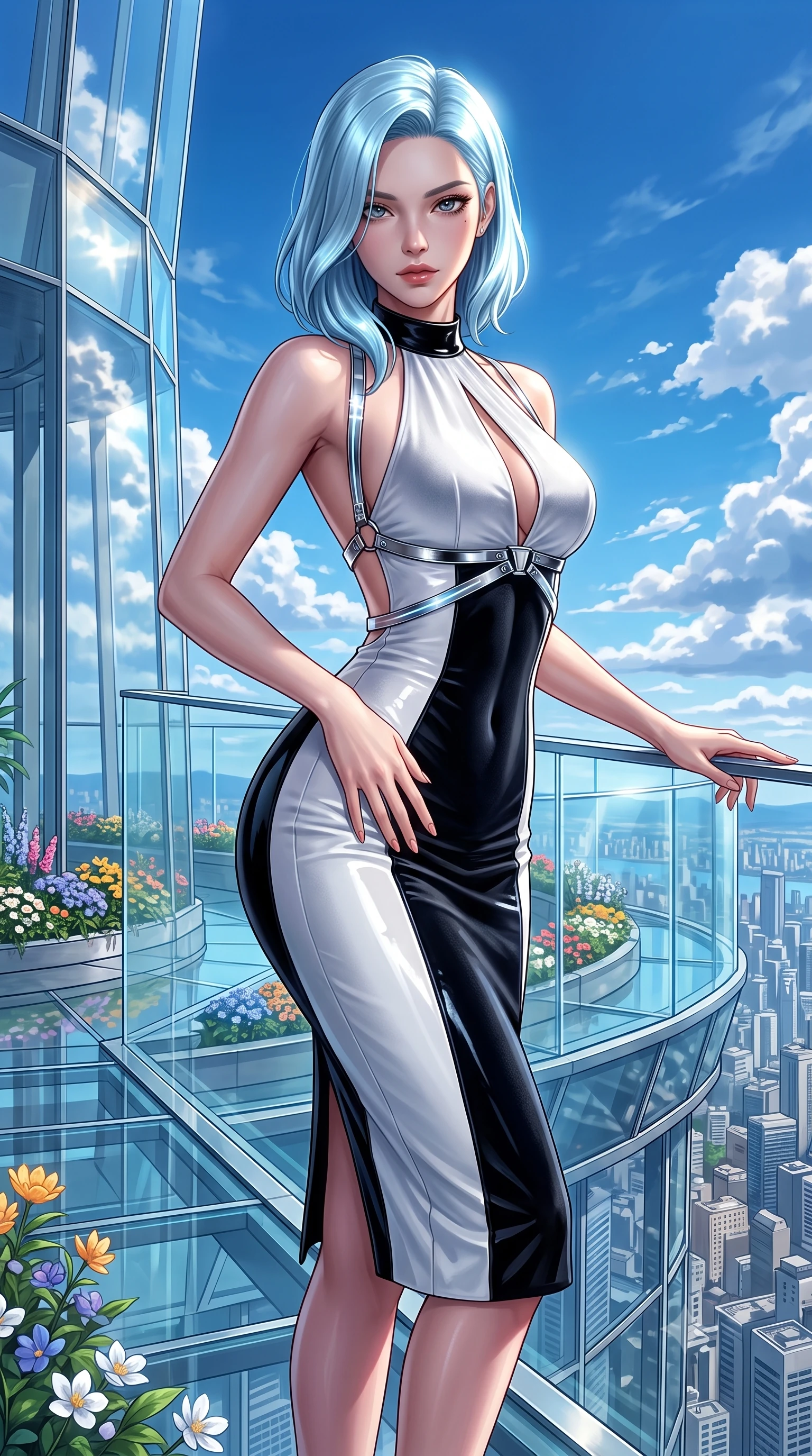 score_9, masterpiece, best quality, ultra-detailed, high-budget anime keyframe, semi-realistic 3D game render, editorial fashion photography, tasteful artistic composition, Korean woman. close-up cowboy shot from the waist and thighs up, the character dominates the composition, filling the frame with her large presence. twisting her upper body in a dynamic S-curve with an alluring smolder, one hand trailing along her slender waist while pivoting dynamically on a cantilevered glass observation deck as sunlight reflects brilliantly off distant clouds. The surrounding environment is rendered in vivid detail and crisp panoramic clarity. crisp architectural tower glass facets, detailed sky-garden flower arrangements, and endless blue sky in deep focus. She has an exceptionally elegant, slender, and willowy female figure with an ultra-slim waist, a gracefully sculpted slender torso, toned flat midriff, and a refined slim silhouette. sharp v-shaped jawline, high-bridge nose, intricate jewel-like eyes with depth, thick eyelashes, glossy lips with a natural sheen, flawlessly proportioned anatomical accuracy, strict slender model proportions, natural body alignment, perfectly sculpted long slender limbs, ultra-slim waistline, clean dynamic posture without body distortion. wearing a velvet halter-neck midi dress fitting her statuesque contour flawlessly with a Tasteful chest slit and open spine in high-gloss monochrome white and sharp black contrast, formed from high-gloss patent material with specular light reflections, reinforced by a sleek metallic chrome harness and delicate glowing micro-straps, the precision-cut daring openings accentuating her delicate midriff, graceful bare collarbones, and ultra-slim feminine waistline. surrounded by an exhilarating, elevated, and radiantly sensual rooftop garden aura. highly saturated vibrant anime colors, detailed shading with soft gradients, rich glossy textures, high-contrast stereoscopic depth, volumetric dynamic lighting, master piece, 9:16 ratio