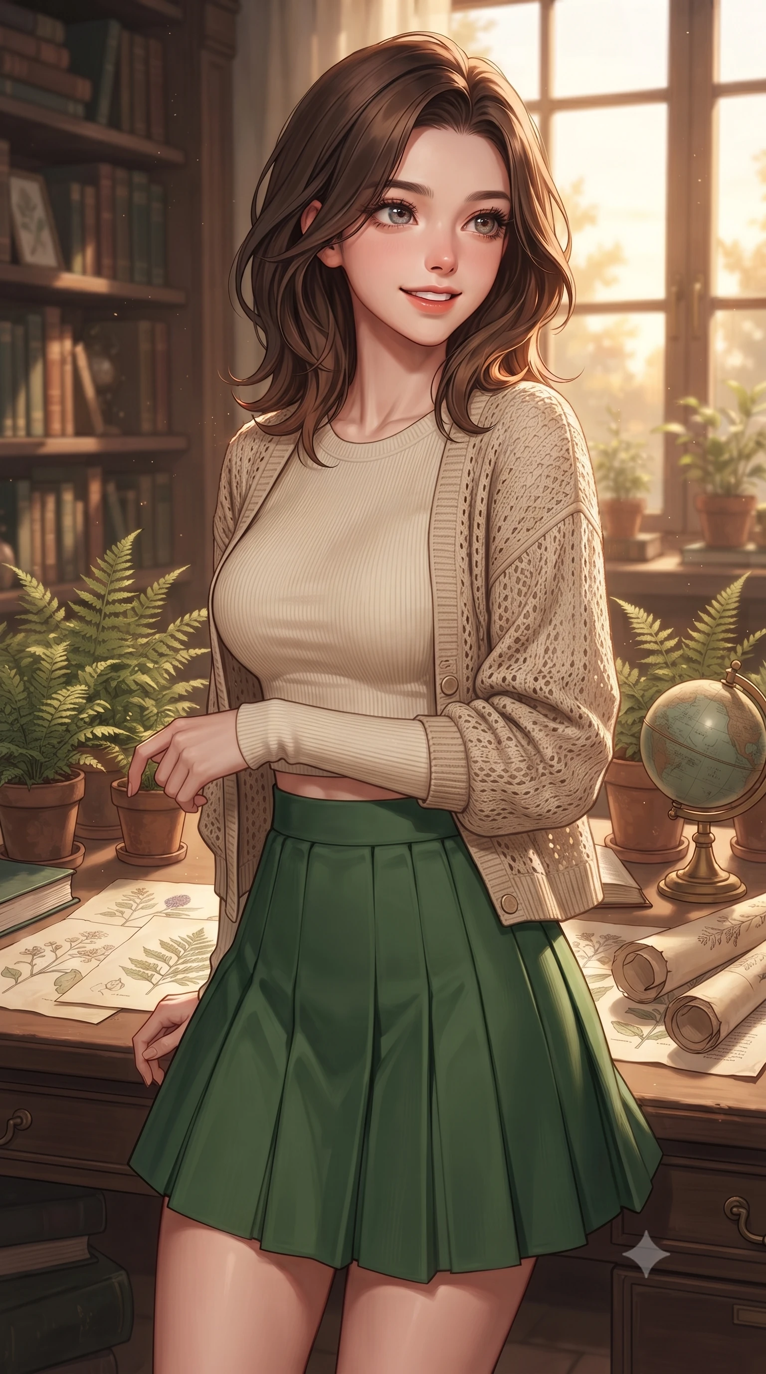 score_9, masterpiece, best quality, ultra-detailed, high-budget anime keyframe, editorial fashion photography, tasteful artistic composition, Korean woman. close-up cowboy shot from the waist and thighs up, the character dominates the composition, filling the frame with her large presence, background elements kept in soft focus. gazing past the camera with a happy, bright expression and a warm smile set against a soft-focus background of at a study desk in a botanical library filled with botanical drawings and potted ferns with a small desk globe and paper rolls arranged on the study table. She has an exceptionally elegant, slender, and willowy female figure with an ultra-slim waist, a gracefully sculpted slender torso, and a refined silhouette. sharp v-shaped jawline, high-bridge nose, intricate jewel-like eyes with depth, thick eyelashes, glossy lips with a natural sheen. wearing body-hugging crop top under an open knit cardigan, paired with a high-waist pleated A-line skirt. cozy golden hour sunset light illuminating the dusty bookshelves with a warm glow. ultra-reflective glossy finish, specular highlights, metallic sheen, high-contrast stereoscopic depth, volumetric dynamic lighting, 2k, ultra detail, master piece, 9:16 ratio
