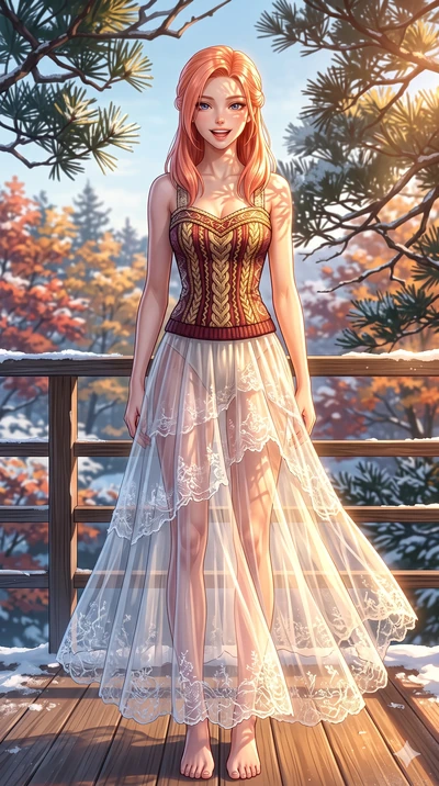score_9, masterpiece, best quality, ultra-detailed, high-budget anime keyframe, vibrant anime aesthetic, Japanese woman. cowboy shot from the thighs up, character and outfit filling the frame for maximum presence. She is posing with a cheerful winter
