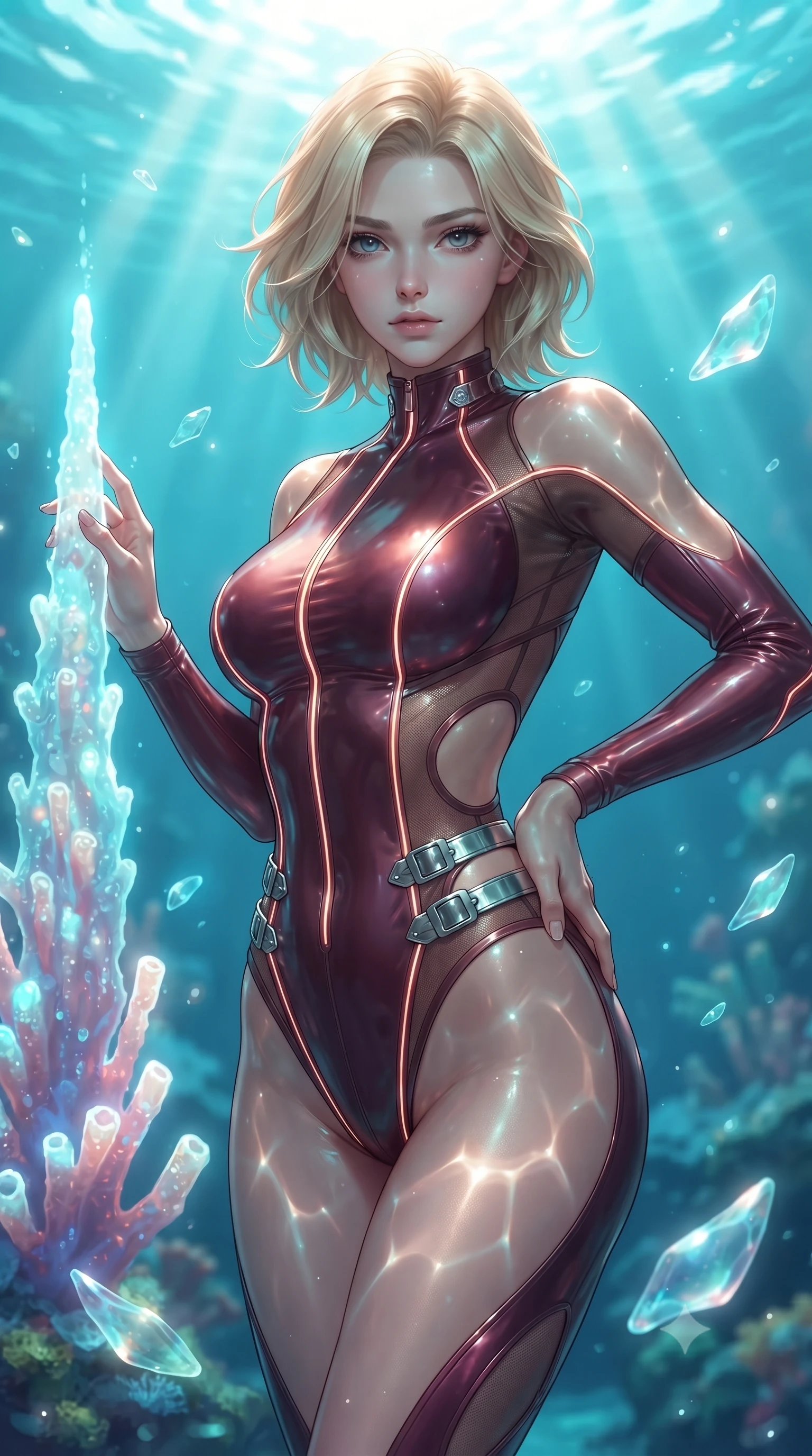 score_9, masterpiece, best quality, ultra-detailed, high-budget anime keyframe, editorial fashion photography, tasteful artistic composition, Caucasian woman. close-up cowboy shot from the waist and thighs up, the character dominates the composition, filling the frame with her large presence, background elements kept in soft focus. Holding a confident power pose with one hand on her hip, gazing directly into the camera with quiet intensity touching a bioluminescent coral spire in a sun-drenched underwater cathedral, translucent sea glass fragments drifting gracefully around her. She has an exceptionally elegant, slender, and willowy female figure with an ultra-slim waist, a gracefully sculpted slender torso, and a refined silhouette. sharp v-shaped jawline, high-bridge nose, intricate jewel-like eyes with depth, thick eyelashes, glossy lips with a natural sheen. wearing a skin-tight cybernetic bodysuit with glowing neon seams and side cutouts in deep burgundy and bronze, woven from fine semi-opaque sheer organza, detailed with polished silver buckles along the waistline, the tailored fabric tightly following every curve of her athletic build. bathed in brilliant underwater sunbeams and soft turquoise caustic glow. ultra-reflective glossy finish, specular highlights, metallic sheen, high-contrast stereoscopic depth, volumetric dynamic lighting, 2k, ultra detail, master piece, 9:16 ratio
