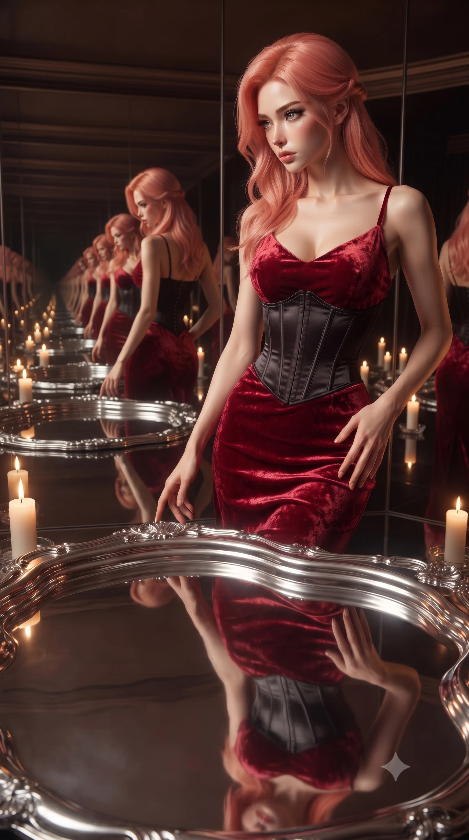 score_9, masterpiece, best quality, ultra-detailed, High-budget Anime Keyframe, editorial fashion photography, tasteful artistic composition, realistic cosplay photography, East Asian woman. Low angle cowboy shot filling the entire 9:16 frame with her statuesque presence. Scenario 426: gazing at her reflection in a pool of liquid silver in a hall of mirrors reflecting infinite silhouettes in warm candlelight. Her presence is magnetic and overpowering in this high-budget cinematic scene. Outfit 426: a body-hugging crimson red crushed velvet slip dress layered over a structured corset bodice. The clothing is designed to emphasize her exceptionally tall and slender 8-heads proportion. 8-heads proportion, towering silhouette, ultra-slim waist. sharp v-shaped jawline, intricate jewel-like eyes with depth, thick eyelashes, glossy lips. ultra-reflective glossy finish, specular highlights, metallic sheen, high-contrast stereoscopic depth, volumetric dynamic lighting, 2k, ultra detail, master piece, 9:16 ratio