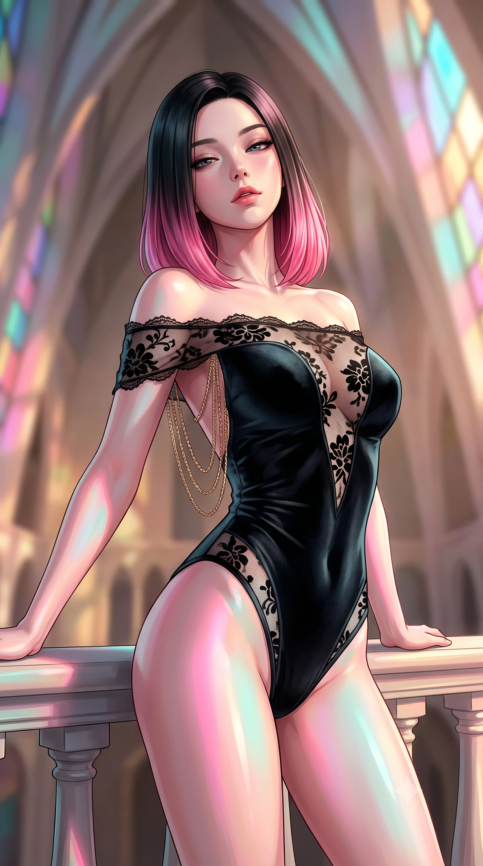 score_9, masterpiece, best quality, ultra-detailed, high-budget anime keyframe, editorial fashion photography, tasteful artistic composition, Korean woman. close-up cowboy shot from the waist and thighs up, the character dominates the composition, filling the frame with her large presence. leaning back against the balustrade with relaxed seductive grace, head tilted back slightly while casting a hypnotic, heavy-lidded gaze while twisting her slender torso in an alluring S-curve, shifting iridescent pink and cyan glass reflections dancing across her flat midriff and hips. The background shows a soft-focus soaring architectural ceiling voids softened in iconic Nordic cultural landmark shallow focus. She has an exceptionally elegant, slender, and willowy female figure with an ultra-slim waist, flat toned midriff, narrow ribcage, and sculpted feminine hips creating an alluring, slim hourglass silhouette without bulk. sharp v-shaped jawline, high-bridge nose, intricate jewel-like sparkling eyes with depth, thick eyelashes, glossy parted lips with a natural peach sheen, bright cheerful beaming smile with an enchanting and coquettish sensual glint, exuding both youthful cute charm and seductive allure, flawlessly proportioned anatomical accuracy, strict slender model proportions, natural body alignment, perfectly sculpted long slender limbs, ultra-slim waistline, clean dynamic posture without body distortion. wearing an off-the-shoulder sheer-illusion Spanish lace bodysuit with strategic floral flocking and high-cut leg openings in Vik black sand obsidian and glacier crystal silver, tailored from ultra-plush silk velvet with rich tactile depth and deep shadow gradients, accented with an open-back drape framed by falling strands of delicate gold chains, the bespoke structured tailoring following the natural line of her 8.5-heads silhouette with refined elegance. bathed in the low-angle golden 3000K midnight sun light filtering through prismatic colored glass panels. ultra-reflective glossy finish, specular highlights, rich textural contrasts, high-contrast stereoscopic depth, volumetric dynamic lighting, 2k, ultra detail, master piece, 9:16 ratio