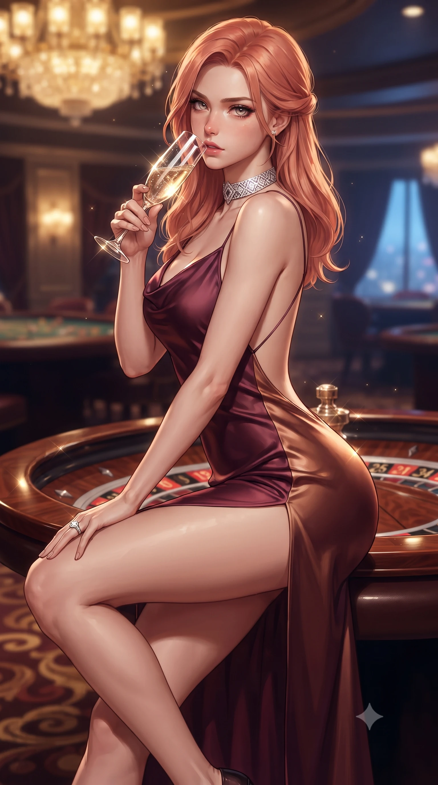 score_9, masterpiece, best quality, ultra-detailed, high-budget anime keyframe, editorial fashion photography, tasteful artistic composition, Japanese woman. close-up cowboy shot from the waist and thighs up, the character dominates the composition, filling the frame with her large presence. leaning back with relaxed seductive grace, her sculpted collarbones and narrow waist highlighted as she casts smoldering bedroom-eyes directly into the camera while perching on the rim of a luxury mahogany roulette table with legs crossed, arching her lower back while holding a crystal champagne flute to her lips. The composition keeps background elements in soft focus with creamy bokeh. crystal champagne bubbles and roulette wheel chrome reflections scattering sparkling light motes. She has an exceptionally elegant, slender, and willowy female figure with an ultra-slim waist, a gracefully sculpted slender torso, toned flat midriff, and rounded feminine hips creating an alluring hourglass silhouette. sharp v-shaped jawline, high-bridge nose, intricate jewel-like eyes with depth, thick eyelashes, glossy parted lips with a natural sheen, intensely captivating and seductive bedroom-eyes expression, flawlessly proportioned anatomical accuracy, strict slender model proportions, natural body alignment, perfectly sculpted long slender limbs, ultra-slim waistline, clean dynamic posture without body distortion. wearing a backless cowl-neck satin slip dress featuring high-cut side hip slits and delicate thin straps in rich wine burgundy and liquid bronze, tailored from ultra-smooth duchess satin with a pearlescent sheen, complemented by a bold geometric diamond choker and glittering cocktail ring, the dramatically scooped open back descending to the base of her spine, accentuating her razor-sharp statuesque lines and curvy hourglass silhouette. bathed in opulent golden casino chandelier light and cool Mediterranean twilight ambient fill. ultra-reflective glossy finish, specular highlights, rich textural contrasts, high-contrast stereoscopic depth, volumetric dynamic lighting, 2k, ultra detail, master piece, 9:16 ratio