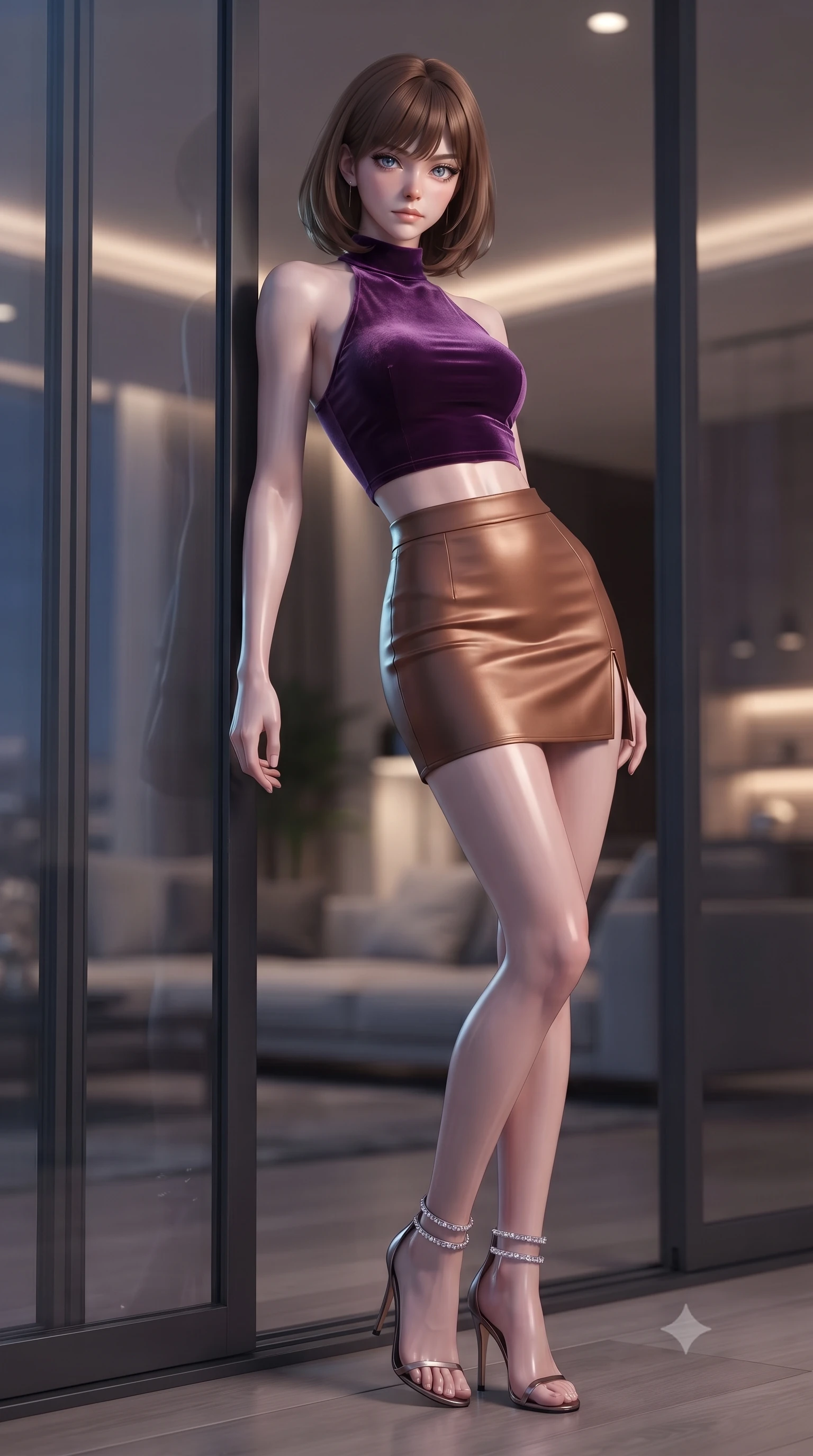 score_9, masterpiece, best quality, ultra-detailed, high-budget anime keyframe, editorial fashion photography, tasteful artistic composition, Caucasian woman. close-up cowboy shot from the waist and thighs up, the character dominates the composition, filling the frame with her large presence. leaning forward while arching her lower back to accentuate her curvy hips, looking into the camera with an intoxicating smoldering gaze and bedroom-eyes while leaning against the floor-to-ceiling sliding glass doors with hips cocked back, casting an alluring smoldering gaze through falling twilight. The background shows a soft-focus interior penthouse ambient glows softened in ultra-exclusive tax-haven luxury shallow focus. She has an exceptionally elegant, slender, and willowy female figure with an ultra-slim waist, flat toned midriff, narrow ribcage, and sculpted feminine hips creating an alluring, slim hourglass silhouette without bulk. sharp v-shaped jawline, high-bridge nose, intricate jewel-like sparkling eyes with depth, thick eyelashes, glossy parted lips with a natural peach sheen, bright cheerful beaming smile with an enchanting and coquettish sensual glint, exuding both youthful cute charm and seductive allure, flawlessly proportioned anatomical accuracy, strict slender model proportions, natural body alignment, perfectly sculpted long slender limbs, ultra-slim waistline, clean dynamic posture without body distortion. wearing a high-neck cropped halter top in stretch velvet paired with a high-waisted leather mini skirt with side zip slit in Mirage sunset amethyst purple and warm bronze, made of fluid liquid jersey with seamless sculpting hold and smooth contours, complemented by strappy stiletto sandals with crystal ankle wraps accentuating her slender calves, the glove-like clinging cut tightly following the natural contour of her hips and long slender legs with youthful 8.5-heads elegance. illuminated by interior architectural cove downlights and crisp silver-cyan rim lights defining her jawline, narrow waist, and feminine hips. ultra-reflective glossy finish, specular highlights, rich textural contrasts, high-contrast stereoscopic depth, volumetric dynamic lighting, 2k, ultra detail, master piece, 9:16 ratio