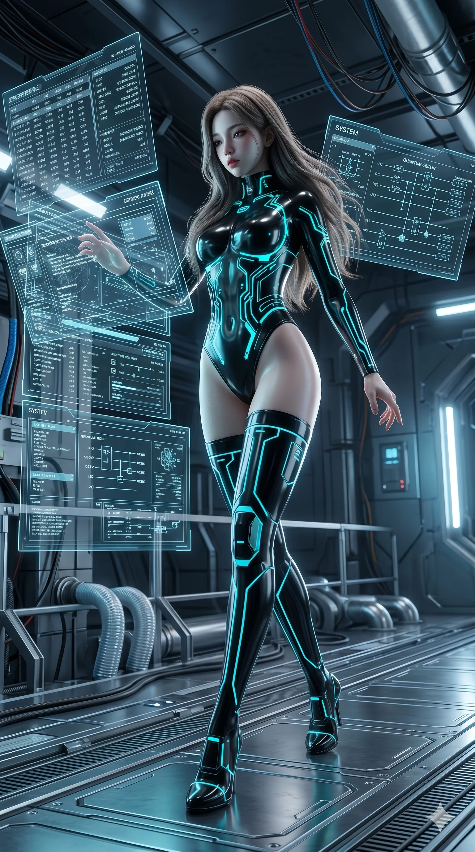 score_9, masterpiece, best quality, ultra-detailed, highly detailed CG unity 8k render, an incredibly beautiful Korean anime girl. Dynamic low angle shot filling the frame. She has an absolutely perfect 8-heads proportion, an exceptionally tall female figure with a delicate skinny figure. Her face is a highly detailed masterpiece featuring a v-shaped jawline, high-bridge nose, intricate jewel-like eyes, thick eyelashes, and glossy lips. She has ash brown flowing hair. She is wearing a tight-fitting glossy latex bodysuit with glowing cyan circuitry patterns, high-cut thigh-high boots, highlighting her alluring silhouette. Cybernetic laboratory, holographic screens, dramatic rim lighting, cinematic shadows, 2k, ultra detail, master piece, 9:16 ratio