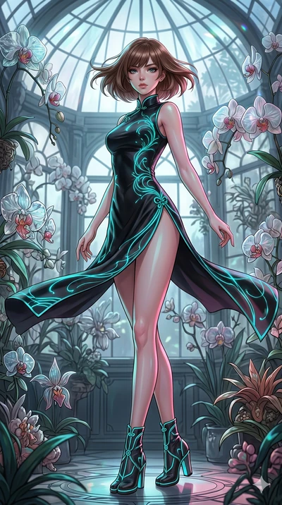 score_9, masterpiece, best quality, ultra-detailed, high-budget anime keyframe, editorial fashion photography, tasteful artistic composition, Caucasian woman, strictly human ears. low angle full-body shot from head to toe showing her feet, filling th