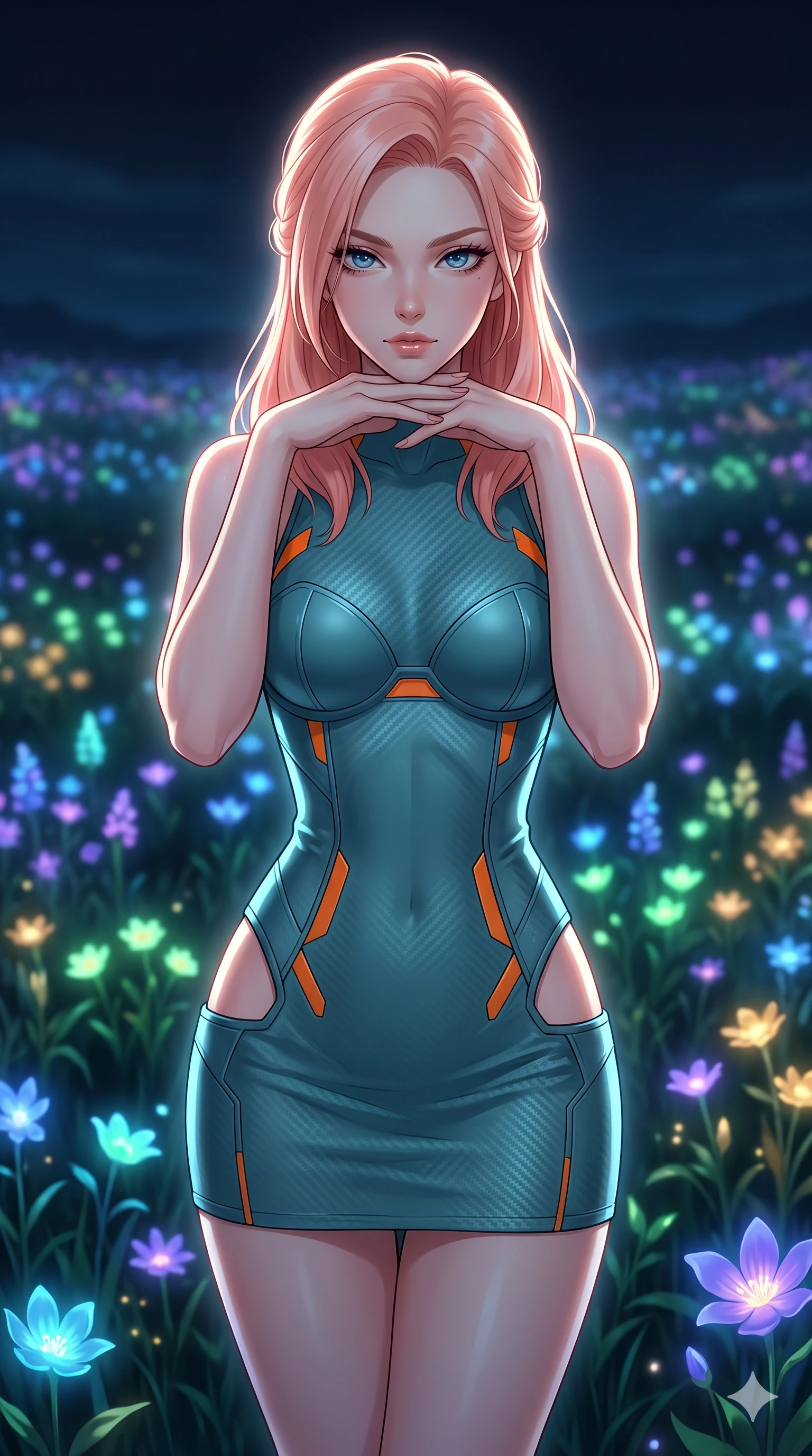 score_9, masterpiece, best quality, ultra-detailed, high-budget anime keyframe, editorial fashion photography, tasteful artistic composition, Japanese woman. close-up cowboy shot from the waist and thighs up, the character dominates the composition, filling the frame with her large presence, background elements kept in soft focus. Resting her chin on the backs of her fingers in a confident pose. set against a soft-focus background of a midnight meadow stretching to the horizon where every flower emits its own soft bioluminescent glow in different colors creating a landscape of living light in blue violet green and gold. She has an exceptionally elegant and slender, willowy female figure with an ultra-slim waist, a gracefully sculpted slender torso, and a refined slim physique. sharp v-shaped jawline, high-bridge nose, intricate jewel-like eyes with depth, thick eyelashes, glossy lips with a natural sheen. wearing a carbon fiber textured combat mini dress in matte teal, featuring bright orange accents, strategic hip cutouts, and sculpted cups. dramatic backlight creating a radiant halo effect around her entire silhouette. 2k, ultra detail, master piece, 9:16 ratio