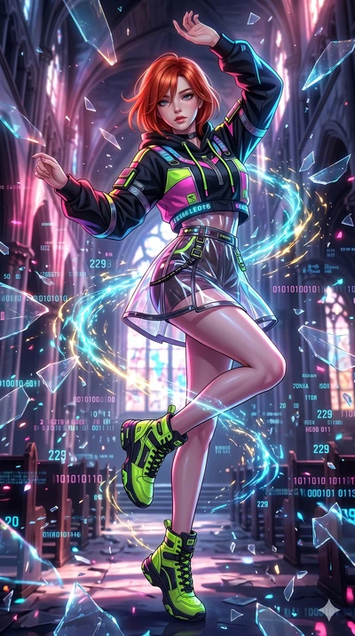 score_9, masterpiece, best quality, ultra-detailed, Set A: High-budget Anime Keyframe, Korean woman. Upper body close-up from the thighs up, character filling the screen for maximum presence. Dancing through a shattered glass cathedral, while a digit