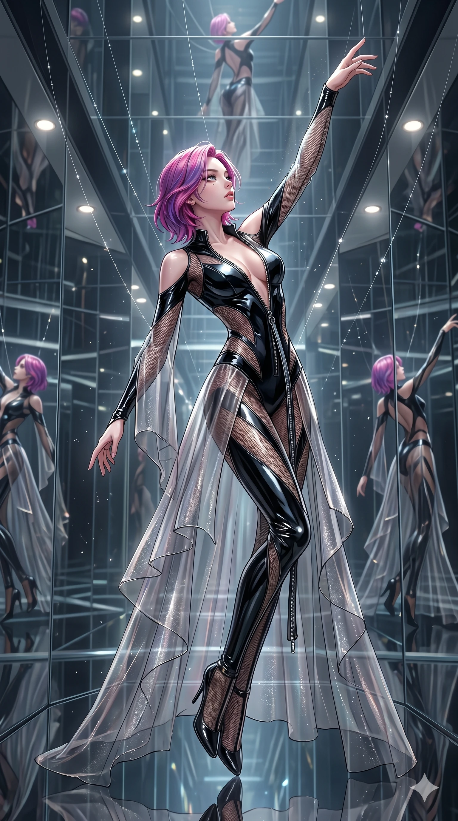 score_9, masterpiece, best quality, ultra-detailed, High-budget Anime Keyframe, East Asian woman. Dynamic full-body shot stretching the vertical silhouette to the limit. Scenario 166: Suspended by invisible silk threads in a hall of mirrors. Her presence is magnetic and overpowering in this high-budget anime scene. Outfit 166: A patent leather mesh with a unzipped detail and translucent layers. The clothing is designed to emphasize her exceptionally tall and slender 8-heads proportion. 8-heads proportion, towering silhouette, ultra-slim waist. sharp v-shaped jawline, intricate jewel-like eyes with depth, thick eyelashes, glossy lips. 2k, ultra detail, master piece, 9:16 ratio