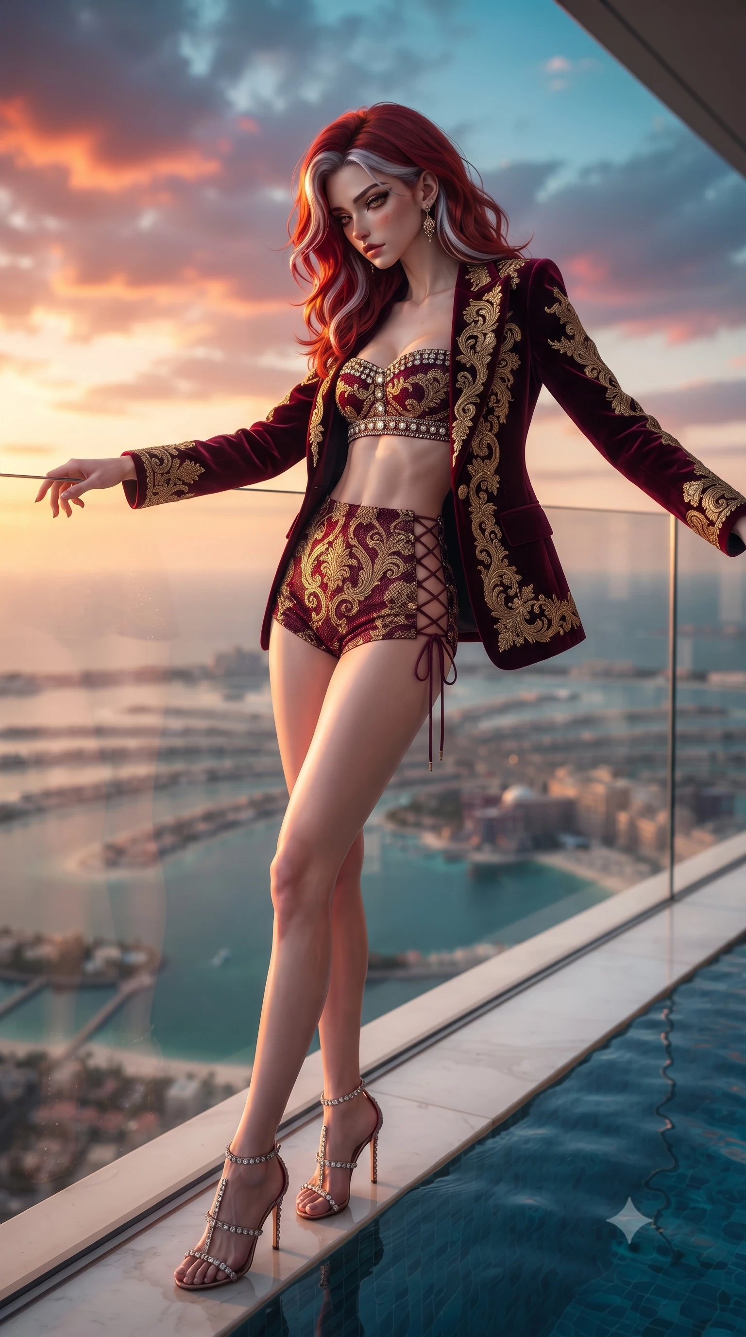 score_9, masterpiece, best quality, ultra-detailed, high-budget anime keyframe, editorial fashion photography, tasteful artistic composition, Caucasian woman. low angle full-body shot from head to toe showing her feet, filling the entire 9:16 vertical frame with her statuesque presence, stretching her vertical silhouette. leaning deep against the balcony balustrade with hips cocked back in an unapologetically alluring high-fashion stance, casting an intoxicating glance while leaning over the vanishing glass infinity edge with hips cocked back, looking down at the coastline with intoxicating smoldering bedroom-eyes. The background shows a soft-focus sweeping Arabian Gulf coastline, Palm Jumeirah archipelago below, and fiery crimson-gold sunset cloudscape blurred into coral, turquoise, and violet bokeh. She has an exceptionally tall and slender model-like 8.5-heads proportion, an ultra-slim waist, a flat toned midriff, narrow delicate ribcage, and beautifully sculpted feminine hips creating a graceful, slim hourglass silhouette without any bulky heaviness, with impossibly long slender legs. sharp v-shaped jawline, high-bridge nose, intricate jewel-like sparkling eyes with depth, thick eyelashes, glossy parted lips with a natural peach sheen, bright cheerful beaming smile with an enchanting and coquettish sensual glint, exuding both youthful cute charm and seductive allure, flawlessly proportioned anatomical accuracy, strict slender model proportions, natural body alignment, perfectly sculpted long slender limbs, ultra-slim waistline, clean dynamic posture without body distortion. wearing a modern tailored open-front smoking jacket blazer worn over a jeweled bandeau crop top and high-waisted tailored micro-shorts in Italian baroque bordeaux wine and antique gilded gold, made of semi-opaque stretch illusion mesh with soft shadowy contours along her waist, featuring fine criss-cross lace-up side ties revealing tantalizing glimpses of her hip curve, the second-skin tailored fabric adhering flawlessly to her sculpted flat midriff and slender torso, emphasizing her long leg lines and perfectly proportioned willowy build. illuminated by pool water caustics bounce and sharp molten-gold rim lights defining her razor-sharp jawline, narrow waist, and curvy hips. ultra-reflective glossy finish, specular highlights, rich textural contrasts, high-contrast stereoscopic depth, volumetric dynamic lighting, 2k, ultra detail, master piece, 9:16 ratio
