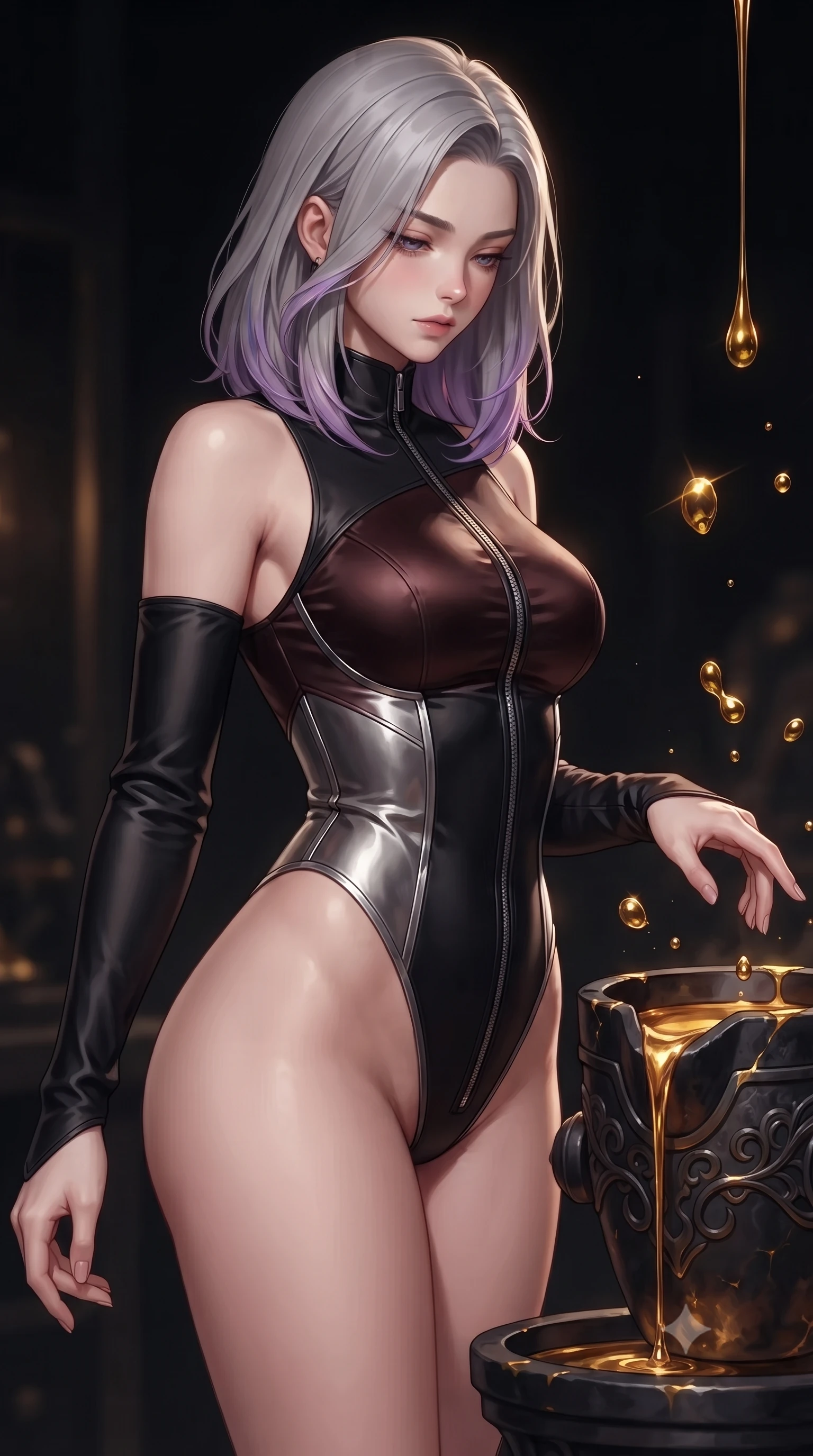score_9, masterpiece, best quality, ultra-detailed, high-budget anime keyframe, editorial fashion photography, tasteful artistic composition, Caucasian woman. close-up cowboy shot from the waist and thighs up, the character dominates the composition, filling the frame with her large presence, background elements kept in soft focus. Looking down with lowered lashes and a composed, powerful dark aura, standing before a dark crucible flowing with molten gold kintsugi liquid, viscous golden liquid droplets frozen mid-air with warm specular glints. She has an exceptionally elegant, slender, and willowy female figure with an ultra-slim waist, a gracefully sculpted slender torso, and a refined silhouette. sharp v-shaped jawline, high-bridge nose, intricate jewel-like eyes with depth, thick eyelashes, glossy lips with a natural sheen. wearing asymmetric high-cut cyber-bodysuit with detached sleeves in onyx black in dark mahogany, made of soft dark satin, finished with metallic silver boning and sleek zipper points, the fitted fabric emphasizing her ultra-slim waist. lit by sharp golden key light emerging from deep obsidian workshop shadows. highly saturated vibrant anime colors, detailed shading with soft gradients, rich glossy textures, high-contrast stereoscopic depth, volumetric dynamic lighting, master piece, 9:16 ratio