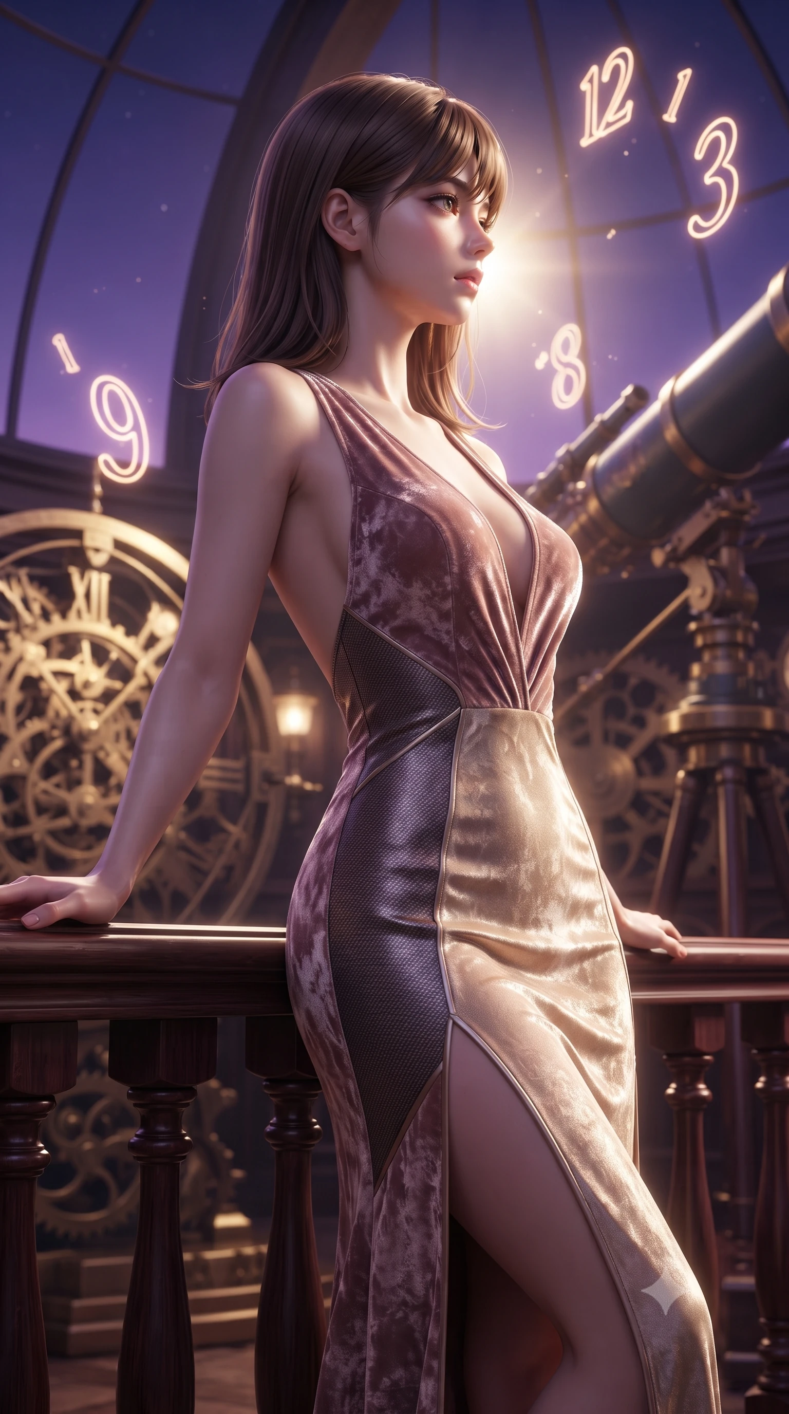 score_9, masterpiece, best quality, ultra-detailed, high-budget anime keyframe, editorial fashion photography, tasteful artistic composition, Korean woman. close-up cowboy shot from the waist and thighs up, the character dominates the composition, filling the frame with her large presence, background elements kept in soft focus. Turning her face in sharp dramatic profile against the bright light, showcasing her sharp v-shaped jawline leaning against a vintage mahogany balustrade inside a mechanical observatory, glowing neon clock numbers floating in the air with vintage elegancy. She has an exceptionally elegant, slender, and willowy female figure with an ultra-slim waist, a gracefully sculpted slender torso, and a refined silhouette. sharp v-shaped jawline, high-bridge nose, intricate jewel-like eyes with depth, thick eyelashes, glossy lips with a natural sheen. wearing a backless crushed velvet gown with a deep V-neckline and high thigh slit in dusty rose and champagne gold, made of fine carbon-fiber weave and soft matte leather, finished with a sleek side slit ascending to mid-thigh, the glove-like fit emphasizing her statuesque silhouette. lit by a contrast of deep violet sky and radiant golden mechanical light. ultra-reflective glossy finish, specular highlights, metallic sheen, high-contrast stereoscopic depth, volumetric dynamic lighting, 2k, ultra detail, master piece, 9:16 ratio