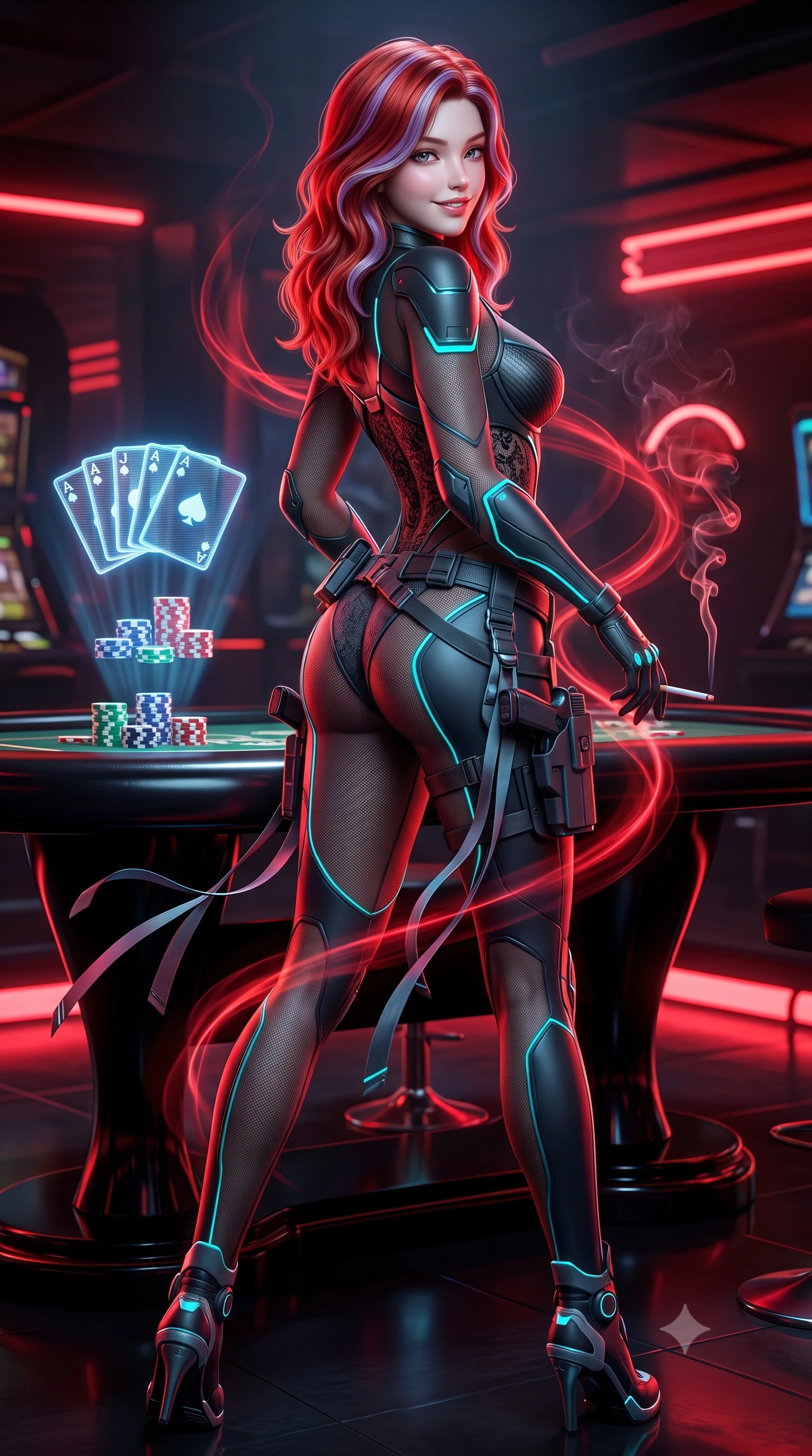 score_9, masterpiece, best quality, ultra-detailed, high-budget anime keyframe, semi-realistic 3D game render, editorial fashion photography, tasteful artistic composition, Caucasian woman. low angle full-body shot from head to toe showing her feet, filling the entire 9:16 vertical frame with her statuesque presence, stretching her vertical silhouette. executing a cheerful mid-motion pivot turn as her tactical belt and ribbons flutter around her slender legs, glancing over her shoulder with an intoxicating, teasing bedroom-gaze while twisting her slender torso in an alluring S-curve, swirling crimson light and cigarette smoke tracing her tight suit and hourglass curves. The surrounding environment is rendered in vivid detail and crisp panoramic clarity: sharp holographic chip stack projections, polished black lacquer table reflections, and red neon tube clarity in deep focus. She has an absolutely perfect, statuesque 8.5-heads proportion, an exceptionally tall and slender model-like female figure with impossibly long slender legs, an ultra-slim waist, a flat toned midriff, narrow delicate ribcage, and beautifully sculpted feminine hips creating a graceful, slim hourglass silhouette without any bulky heaviness. sharp v-shaped jawline, high-bridge nose, intricate jewel-like sparkling eyes with depth, thick eyelashes, glossy parted lips with a natural sheen, bright confident smile with an enchanting and coquettish sensual glint, exuding both youthful magnetic charm and sovereign high-tech allure, flawlessly proportioned anatomical accuracy, strict slender model proportions, natural body alignment, perfectly sculpted long slender limbs, ultra-slim waistline, clean dynamic posture without body distortion. wearing a form-contouring semi-opaque dark mesh catsuit with carbon-plated cups and fine lace-pattern panels across her torso in matte obsidian black and glowing neon cyan trim, formed from supple thermal silicone composite adhering seamlessly like a second skin, accented with strategically placed chrome armor plate guards covering key curves, the aerodynamic second-skin silhouette tightly following the natural contour of her hips and long slender legs with youthful 8.5-heads elegance. illuminated by glowing table surfaces and sharp scarlet rim lights carving her sculpted collarbones, ultra-slim waist, and curvy hips. highly saturated vibrant anime colors, detailed shading with soft gradients, rich glossy textures, high-contrast stereoscopic depth, volumetric dynamic lighting, master piece, 9:16 ratio