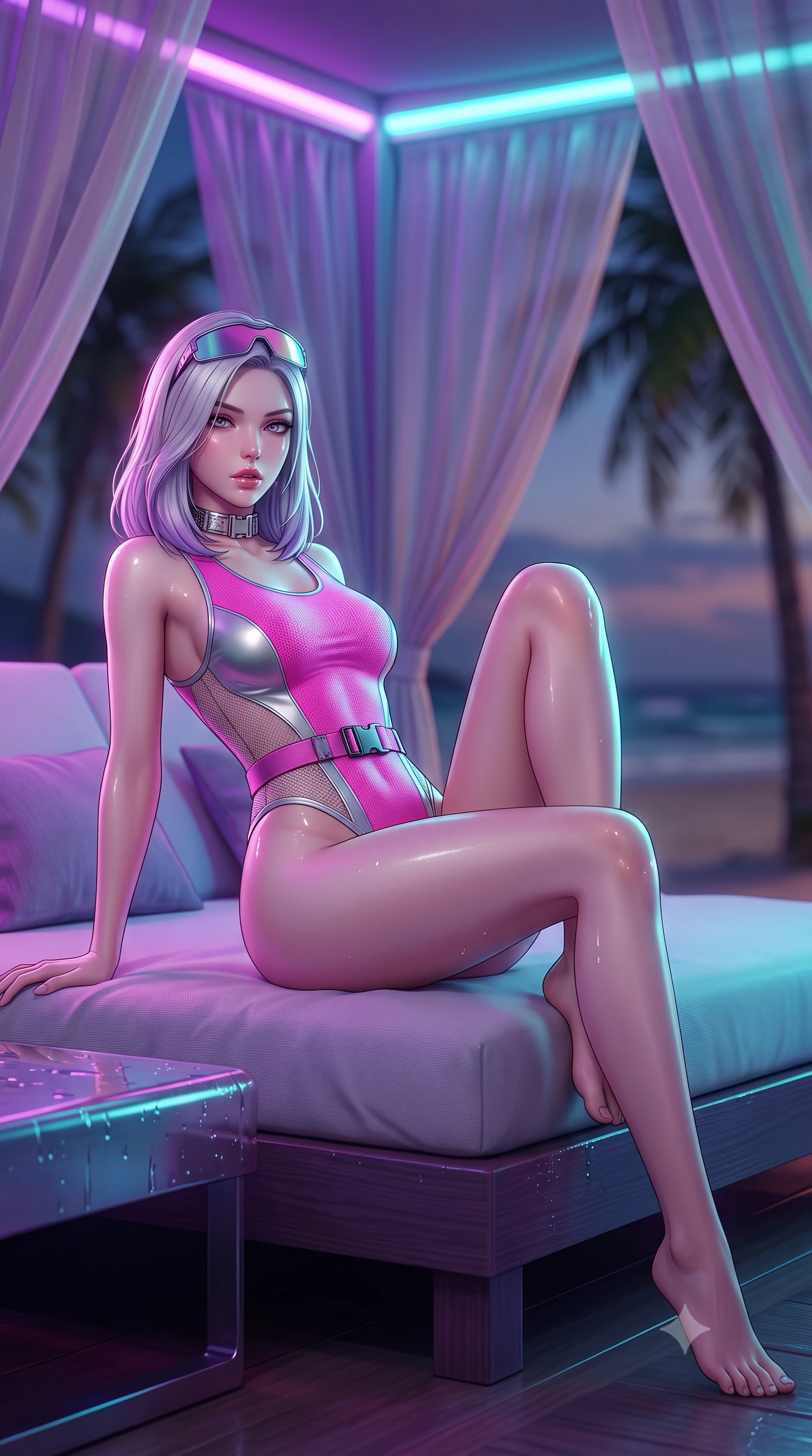 score_9, masterpiece, best quality, ultra-detailed, high-budget anime keyframe, semi-realistic 3D game render, editorial fashion photography, tasteful artistic composition, Caucasian woman. low angle full-body shot from head to toe showing her feet, filling the entire 9:16 vertical frame with her statuesque presence, stretching her vertical silhouette. reclining on her side in an elegant Cleopatra pose with one knee drawn up, the dramatic contour of her rounded hips and long slender legs commanding the 9:16 vertical frame while lounging in a private VIP cabana bed propped on one hip, parted lips glistening as purple and cyan neon reflections wash over her body. The composition keeps background elements in soft focus with creamy bokeh. sheer cabana drapes and tropical palm silhouettes softened in moody shallow focus. She has an absolutely perfect, statuesque 8.5-heads proportion, an exceptionally tall and slender model-like female figure with impossibly long slender legs, a toned flat midriff, an ultra-slim waist, and beautifully sculpted feminine hips. sharp v-shaped jawline, high-bridge nose, intricate jewel-like eyes with depth, thick eyelashes, glossy parted lips with a natural sheen, intensely captivating and seductive bedroom-eyes expression, flawlessly proportioned anatomical accuracy, strict slender model proportions, natural body alignment, perfectly sculpted long slender limbs, ultra-slim waistline, clean dynamic posture without body distortion. wearing a high-mobility athletic monokini with sheer mesh side contours and tactical buckle belt in bright cyber pink and chrome silver, made of stretchy athletic knit with sheer mesh cutout inserts, accessorized with cyber-visor sunglasses resting on her brow and chunky silver choker, the precision-cut side openings and low-back scoop framing her graceful spine and the sensual sweep of her hips. illuminated by wet specular bounce lights accentuating her feminine waist-to-hip hourglass contour. highly saturated vibrant anime colors, detailed shading with soft gradients, rich glossy textures, high-contrast stereoscopic depth, volumetric dynamic lighting, master piece, 9:16 ratio