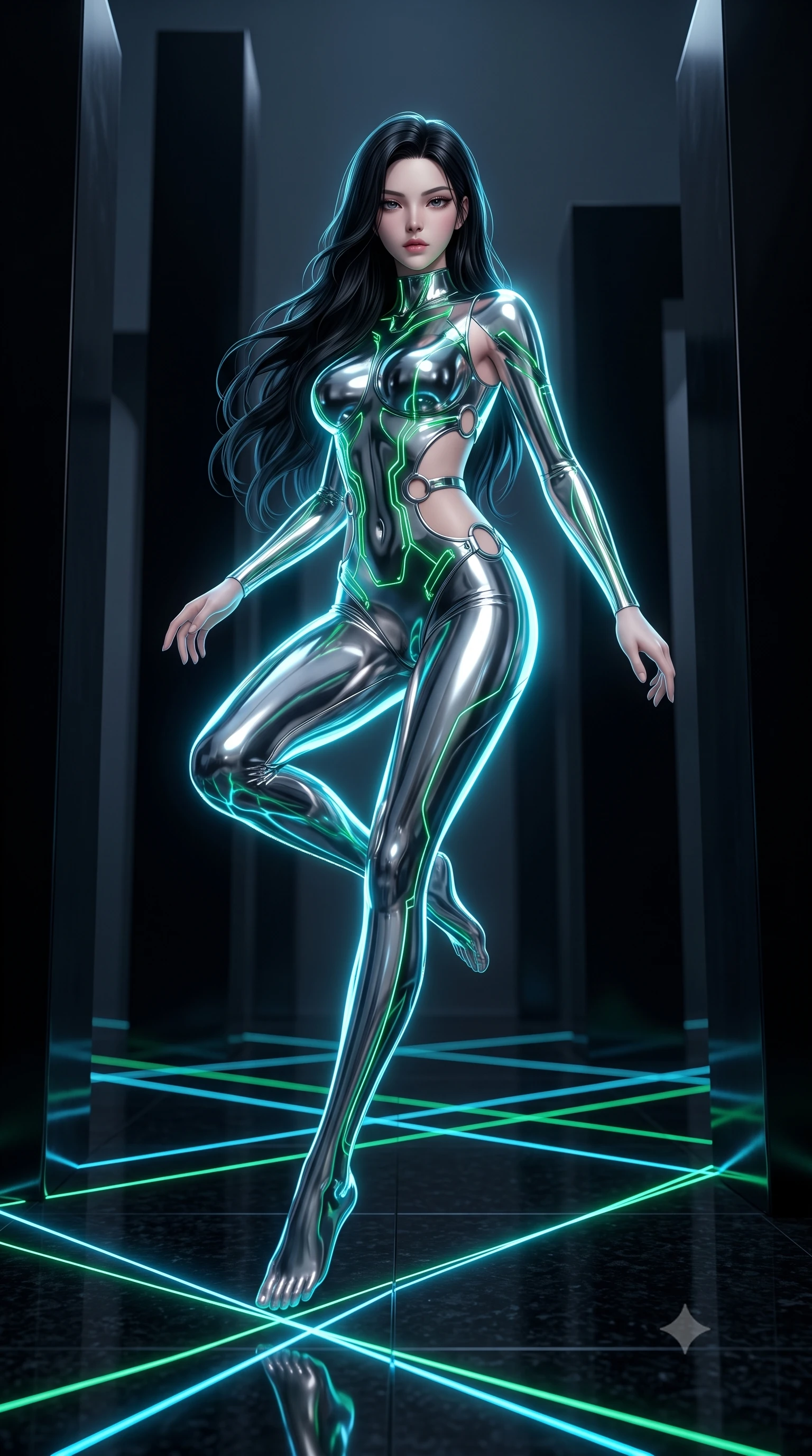 score_9, masterpiece, best quality, ultra-detailed, high-budget anime keyframe, editorial fashion photography, tasteful artistic composition, Korean woman. low angle full-body shot from head to toe showing her feet, filling the entire 9:16 vertical frame with her statuesque presence, stretching her vertical silhouette. performing an alluring mid-air vault with flawless poise, looking directly into the camera with regal, divine intensity while pivoting dynamically on a reflective black granite floor as criss-crossing neon laser lines trace her statuesque contour. The composition keeps background elements in soft focus with creamy bokeh. towering obsidian monoliths and dark architectural recesses softened in moody shallow focus. She has an absolutely perfect, statuesque 8.5-heads proportion, an exceptionally tall and slender model-like female figure with impossibly long slender legs, a toned flat midriff, and an ultra-slim waist. sharp v-shaped jawline, high-bridge nose, intricate jewel-like eyes with depth, thick eyelashes, glossy lips with a natural sheen, flawlessly proportioned anatomical accuracy, strict slender model proportions, natural body alignment, perfectly sculpted long slender limbs, ultra-slim waistline, clean dynamic posture without body distortion. wearing an aerodynamic sculpted liquid-chrome bodysuit with glowing neon fiber-optic circuitry and an elegant high-fashion cut in radiant emerald green circuit lines and polished silver sheen, crafted from ultra-reflective second-skin liquid metal with a mirror-like polish, detailed with polished silver rings connecting the daring side-waist cutouts, the form-contouring material adhering flawlessly to her sculpted flat midriff and slender torso, emphasizing her long leg lines and perfectly proportioned willowy build. bathed in intense high-contrast cyan laser rim lighting and deep obsidian shadow fill. ultra-reflective glossy finish, specular highlights, dark metallic sheen, high-contrast stereoscopic depth, volumetric dynamic lighting, 2k, ultra detail, master piece, 9:16 ratio
