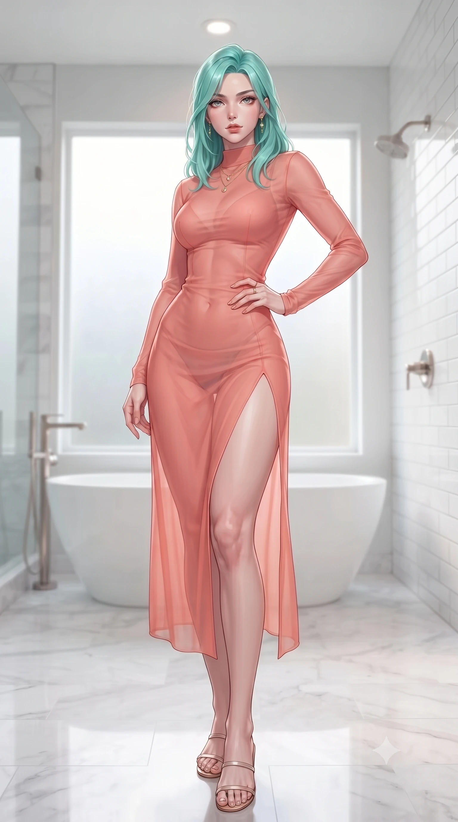 score_9, masterpiece, best quality, ultra-detailed, high-budget anime keyframe, editorial fashion photography, tasteful artistic composition, Japanese woman woman. low angle full-body shot from head to toe showing her feet, filling the entire 9:16 vertical frame with her statuesque presence, stretching her vertical silhouette. posing confidently with one hand on her hip, stretching her statuesque body to emphasize her curves the background shows a soft-focus a modern bathroom with a large frosted glass window and a freestanding white tub. She has an absolutely perfect, statuesque 8.5-heads proportion, an exceptionally tall and slender model-like female figure with impossibly long slender legs and an ultra-slim waist. sharp v-shaped jawline, high-bridge nose, intricate jewel-like eyes with depth, thick eyelashes, glossy lips with a natural sheen. wearing a slim-fit high-slit sheer chiffon resort dress in soft coral, revealing the contours of her athletic build through the fabric. soft, highly-diffused daylight filling the room with a clean, high-key glow. ultra-reflective glossy finish, specular highlights, metallic sheen, high-contrast stereoscopic depth, volumetric dynamic lighting, 2k, ultra detail, master piece, 9:16 ratio