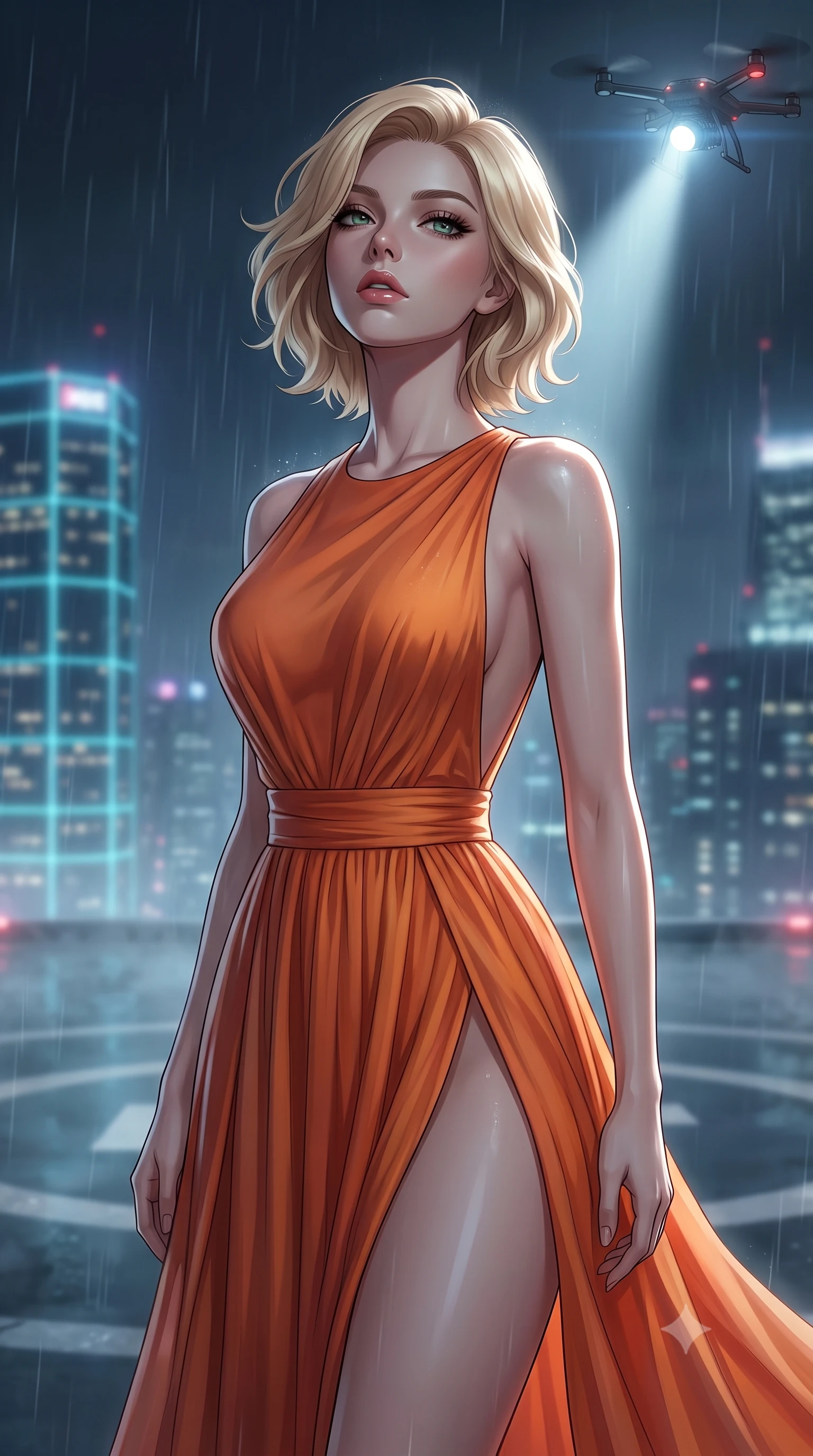 score_9, masterpiece, best quality, ultra-detailed, high-budget anime keyframe, editorial fashion photography, tasteful artistic composition, Caucasian woman. close-up cowboy shot from the waist and thighs up, the character dominates the composition, filling the frame with her large presence, background elements kept in soft focus. tilting her chin up slightly with lips parted in a composed, provocative expression the background shows a soft-focus a misty rooftop helipad overlooking a neon-grid skyline during a midnight drizzle. She has an exceptionally elegant, slender, and willowy female figure with an ultra-slim waist, a gracefully sculpted slender torso, and a refined silhouette. sharp v-shaped jawline, high-bridge nose, intricate jewel-like eyes with depth, thick eyelashes, glossy lips with a natural sheen. wearing a tailored high-slit resort gown in sunset orange chiffon, featuring a daring thigh-slit and open back. volumetric spotlight from a hovering search drone casting dramatic shadows. ultra-reflective glossy finish, specular highlights, metallic sheen, high-contrast stereoscopic depth, volumetric dynamic lighting, 2k, ultra detail, master piece, 9:16 ratio