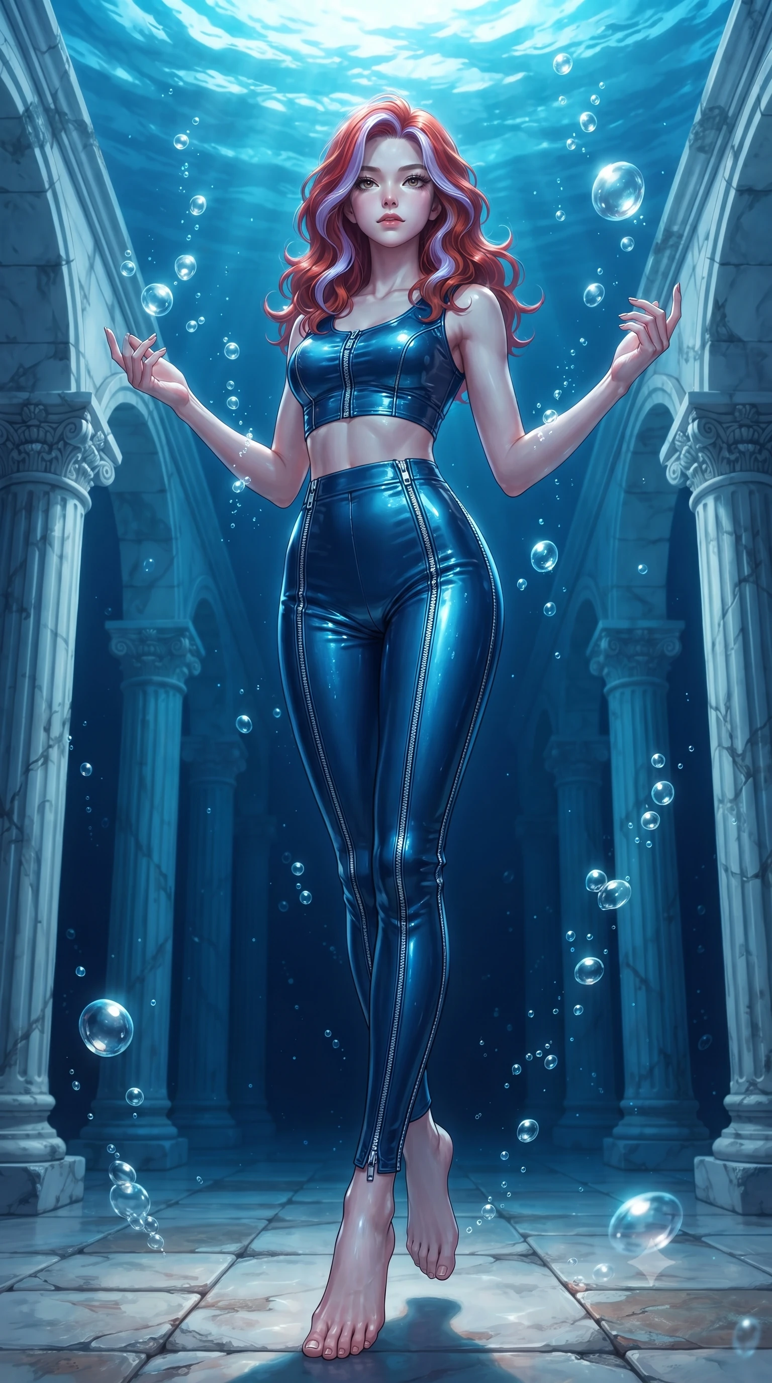 score_9, masterpiece, best quality, ultra-detailed, high-budget anime keyframe, editorial fashion photography, tasteful artistic composition, Caucasian woman. low angle full-body shot from head to toe showing her feet, filling the entire 9:16 vertical frame with her statuesque presence, stretching her vertical silhouette. interacting gracefully with the magical floating elements while maintaining a confident posture floating gracefully through a sunken white marble colonnade underwater, rising bioluminescent bubbles casting soft pearl-like highlights. She has an absolutely perfect, statuesque 8.5-heads proportion, an exceptionally tall and slender model-like female figure with impossibly long slender legs and an ultra-slim waist. sharp v-shaped jawline, high-bridge nose, intricate jewel-like eyes with depth, thick eyelashes, glossy lips with a natural sheen. wearing a glossy vinyl crop top and high-waist tailored leggings with sleek metallic zippers, the tailored fabric tightly following every curve of her athletic build. surrounded by a shimmering ocean aura with bright pearl-white rim lights. ultra-reflective glossy finish, specular highlights, metallic sheen, high-contrast stereoscopic depth, volumetric dynamic lighting, 2k, ultra detail, master piece, 9:16 ratio