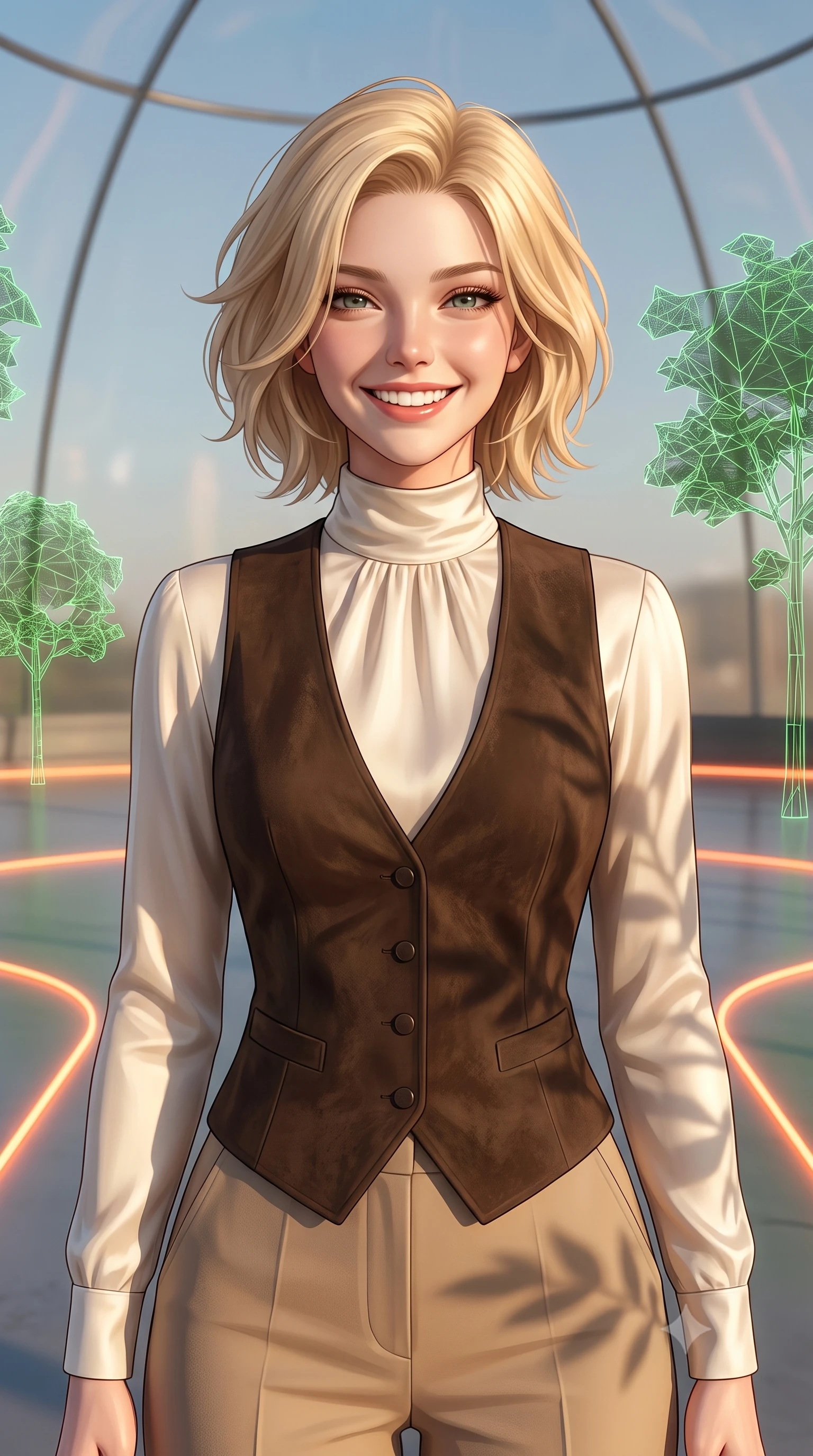 score_9, masterpiece, best quality, ultra-detailed, high-budget anime keyframe, editorial fashion photography, tasteful artistic composition, Caucasian woman, strictly human ears. close-up cowboy shot from the waist and thighs up, the character dominates the composition, filling the frame with her large presence, background elements kept in soft focus. Beaming with a wide, friendly smile that lights up her entire face. set against a soft-focus background of inside a minimalist glass dome with floating green wireframe trees and glowing neon orange status lines tracing the ground. She has an exceptionally elegant, slender, and willowy female figure with a highly-defined ultra-slim waist, a gracefully sculpted slender torso, and a refined slim-fit silhouette that contours her form. sharp v-shaped jawline, high-bridge nose, intricate jewel-like eyes with depth, thick eyelashes, glossy lips with a natural sheen. wearing a high-neck ivory silk blouse under a dark brown suede vest, paired with beige tailored trousers. warm golden afternoon sunbeams casting soft organic leaf shadows across her skin. 2k, ultra detail, master piece, 9:16 ratio