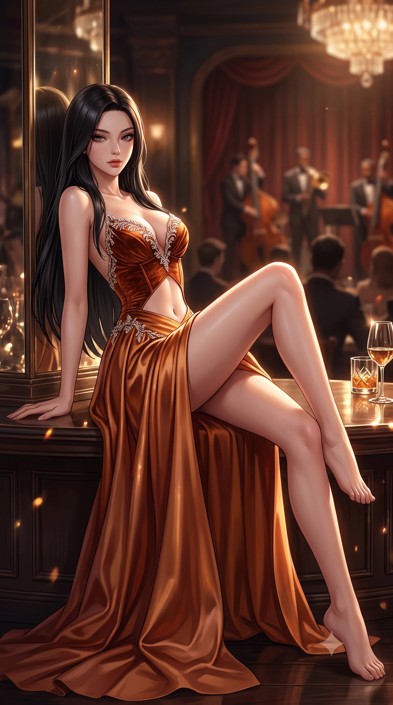 score_9, masterpiece, best quality, ultra-detailed, high-budget anime keyframe, semi-realistic 3D game render, editorial fashion photography, tasteful artistic composition, Korean woman. low angle full-body shot from head to toe showing her feet, filling the entire 9:16 vertical frame with her statuesque presence, stretching her vertical silhouette. reclining on her side in an elegant Cleopatra pose with one knee drawn up, the dramatic contour of her rounded hips and long slender legs commanding the 9:16 vertical frame while leaning back against an antique mirrored column with hips cocked, casting a smoky, seductive bedroom-gaze past the jazz quartet. The composition keeps background elements in soft focus with creamy bokeh. crystal glass refractions and polished bar top reflections scattering warm decadent light motes. She has an exceptionally tall and slender model-like 8.5-heads proportion, an ultra-slim waist, a flat toned midriff, narrow delicate ribcage, and beautifully sculpted feminine hips creating a graceful, slim hourglass silhouette without any bulky heaviness, with impossibly long slender legs. sharp v-shaped jawline, high-bridge nose, intricate jewel-like eyes with depth, thick eyelashes, glossy parted lips with a natural sheen, intensely captivating and seductive bedroom-eyes expression, flawlessly proportioned anatomical accuracy, strict slender model proportions, natural body alignment, perfectly sculpted long slender limbs, ultra-slim waistline, clean dynamic posture without body distortion. wearing a deep sweetheart neckline crushed velvet corseted ballgown with an exposed midriff cutout in rich copper bronze and warm amber, tailored from ultra-smooth duchess satin with a pearlescent sheen, finished with delicate crystal frost embroidery tracing the plunging neckline, the dramatically scooped open back descending to the base of her spine, accentuating her razor-sharp statuesque lines and slim hourglass silhouette. illuminated by rich specular rim lights defining her razor-sharp jawline, narrow waist, and curvy hips. highly saturated vibrant anime colors, detailed shading with soft gradients, rich glossy textures, high-contrast stereoscopic depth, volumetric dynamic lighting, master piece, 9:16 ratio