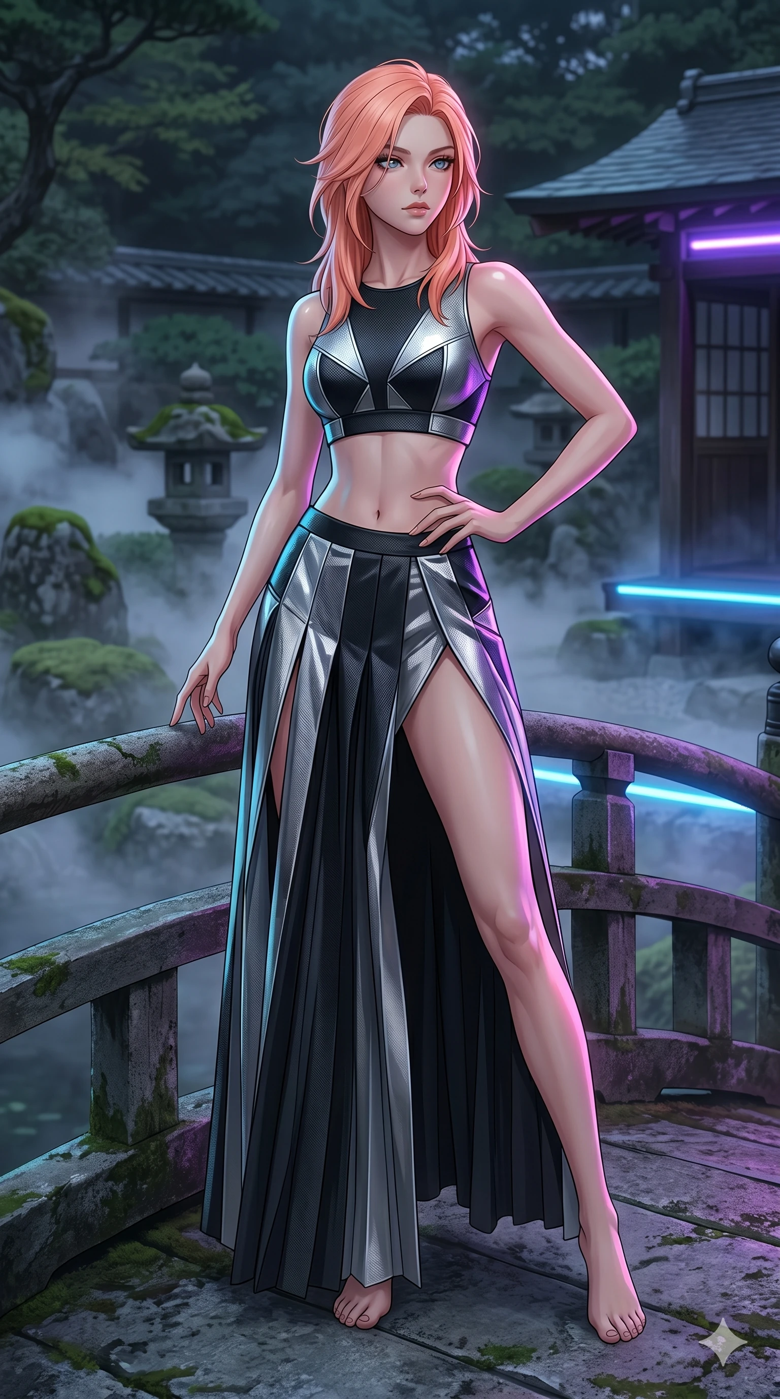 score_9, masterpiece, best quality, ultra-detailed, high-budget anime keyframe, editorial fashion photography, tasteful artistic composition, Japanese woman. cowboy shot from the thighs up, character and outfit filling the frame for maximum editorial presence. holding a powerful pose, looking past the camera with an air of effortless superiority on a bridge in a traditional Japanese garden with rising mist (Code-P17-086). She has an absolutely perfect 8-heads proportion, an exceptionally tall and slender female figure with impossibly long slender legs and an ultra-slim waist. V-shaped jawline, high-bridge nose, intricate jewel-like eyes with depth, thick eyelashes, glossy lips with a natural sheen. wearing a crop top showing her bare midriff and a matching high-slit skirt. neon blue and violet light from the servers casting sharp specular highlights on her outfit. 2k, ultra detail, master piece, 9:16 ratio