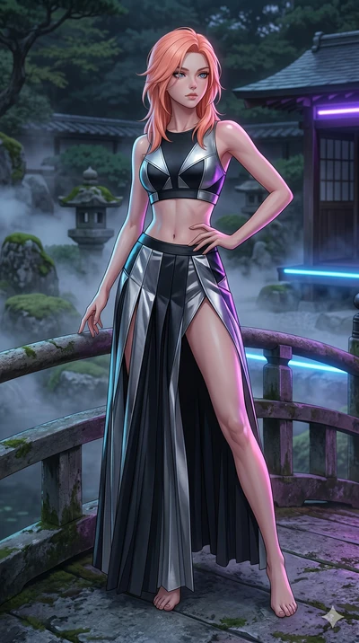score_9, masterpiece, best quality, ultra-detailed, high-budget anime keyframe, editorial fashion photography, tasteful artistic composition, Japanese woman. cowboy shot from the thighs up, character and outfit filling the frame for maximum editorial