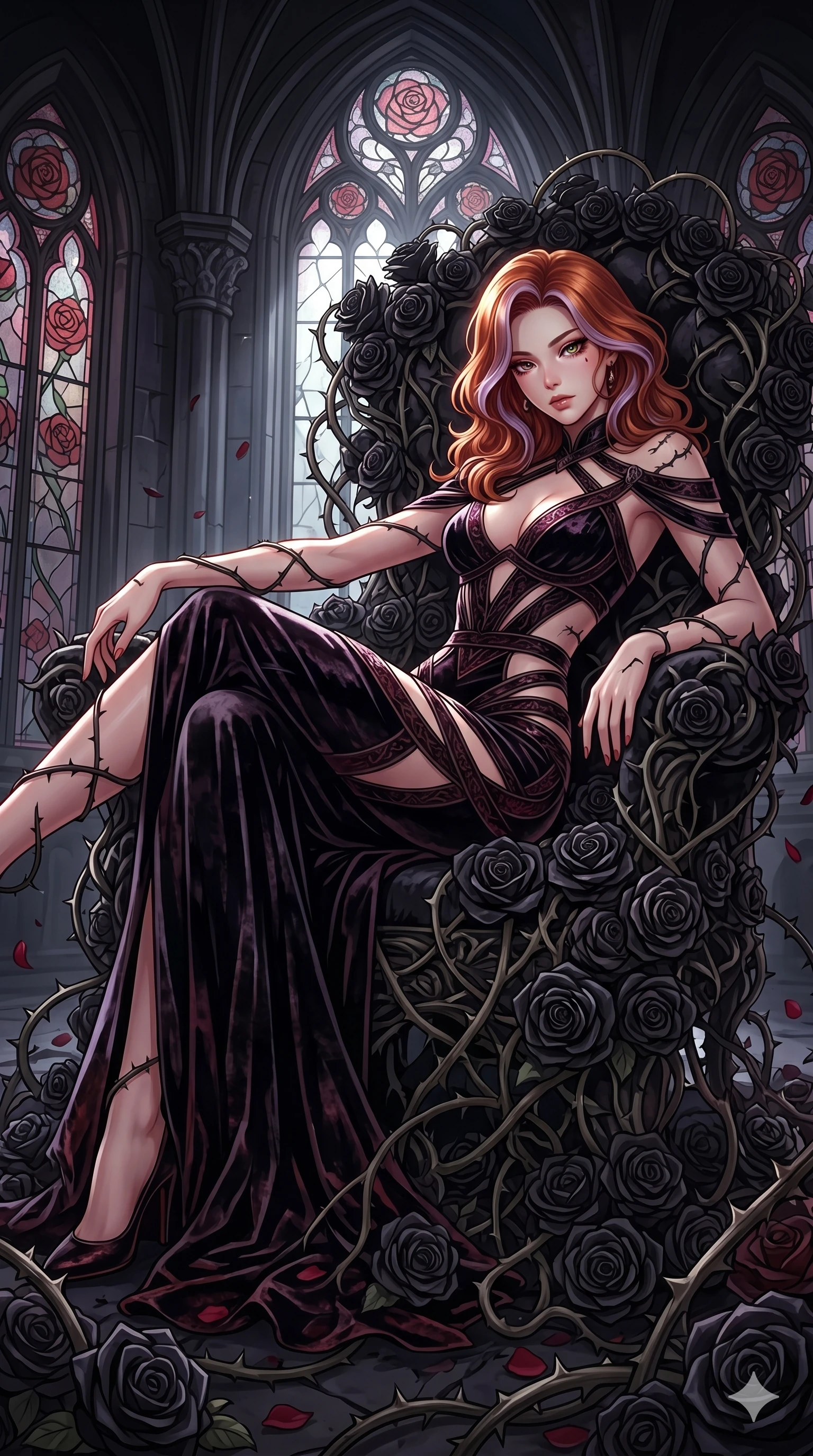 score_9, masterpiece, best quality, ultra-detailed, High-budget Anime Keyframe, East Asian woman. Dynamic full-body shot stretching the vertical silhouette to the limit. Scenario 20: Resting on a throne of black roses, thorns grazing her skin. Her presence is magnetic and overpowering in this high-budget anime scene. Outfit 20: A crushed dark velvet decorative silk bands with a tastefully designed shoulder and tight-fitting silhouette. The clothing is designed to emphasize her exceptionally tall and slender 8-heads proportion. 8-heads proportion, towering silhouette, ultra-slim waist. sharp v-shaped jawline, intricate jewel-like eyes with depth, thick eyelashes, glossy lips. 2k, ultra detail, master piece, 9:16 ratio