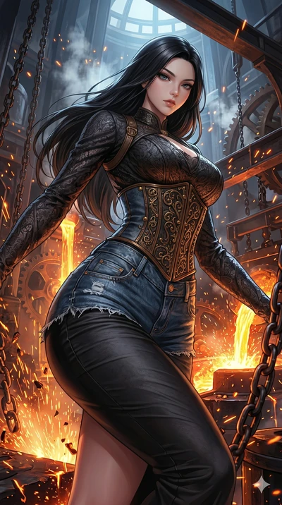 score_9, masterpiece, best quality, ultra-detailed, Set C: High-budget Anime Keyframe, Korean woman. Low angle cowboy shot filling the entire 9:16 frame with her statuesque presence. Leaping through a shower of sparks from a giant blacksmith's forge 