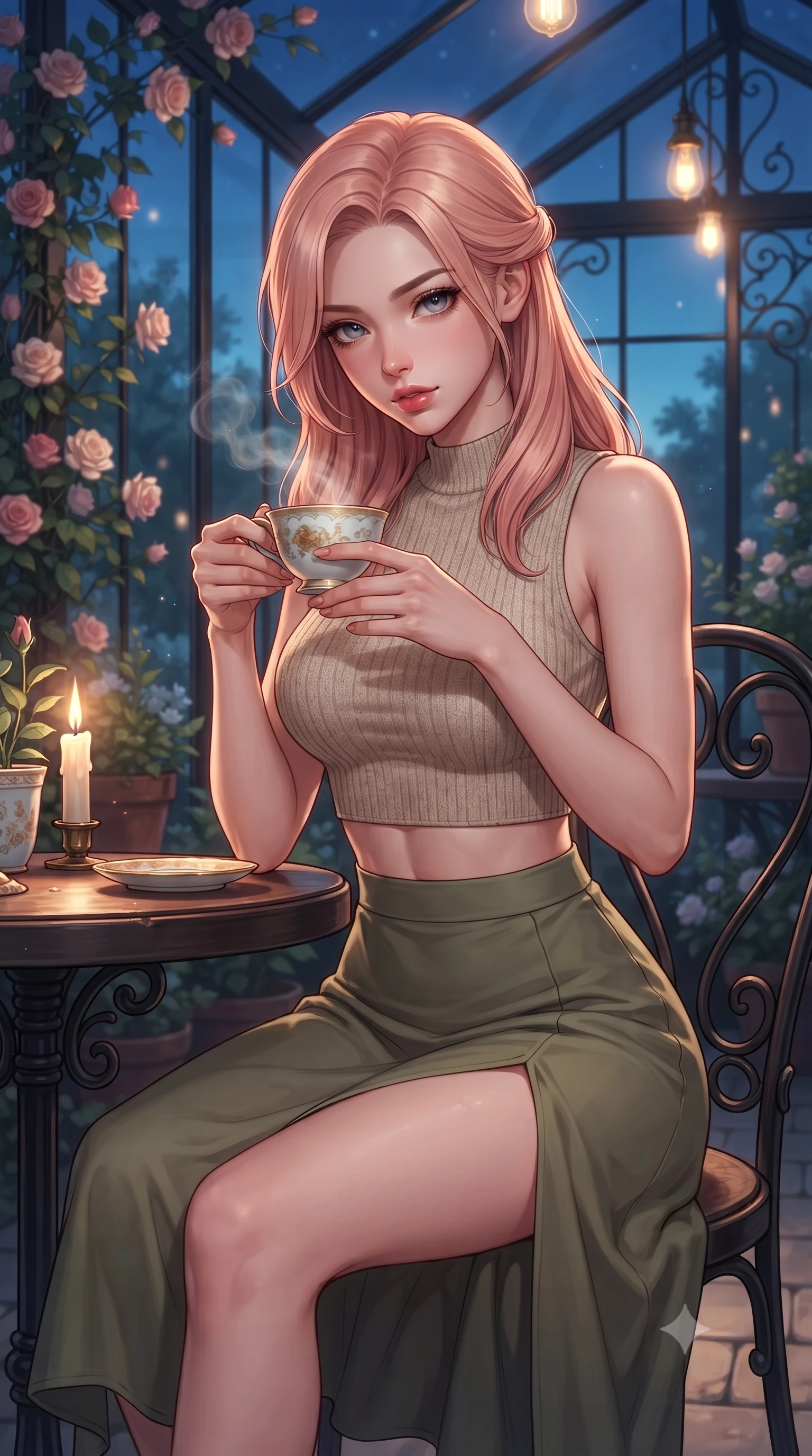 score_9, masterpiece, best quality, ultra-detailed, high-budget anime keyframe, editorial fashion photography, tasteful artistic composition, Japanese woman. close-up cowboy shot from the waist and thighs up, the character dominates the composition, filling the frame with her large presence, background elements kept in soft focus. tilting her chin down slightly, looking up at the viewer with a deeply charming, smoldering gaze set against a soft-focus background of in a quiet corner table of a glass-walled garden cafe surrounded by roses holding a delicate ceramic cup of herbal tea with steam rising gently. She has an exceptionally elegant, slender, and willowy female figure with an ultra-slim waist, a gracefully sculpted slender torso, and a refined silhouette. sharp v-shaped jawline, high-bridge nose, intricate jewel-like eyes with depth, thick eyelashes, glossy lips with a natural sheen. wearing tailored crop top in oatmeal knit paired with a flowy midi skirt featuring a high side slit. soft candle glow and warm pendant lights clashing with the cool blue dusk sky. highly saturated vibrant anime colors, detailed shading with soft gradients, rich glossy textures, high-contrast stereoscopic depth, volumetric dynamic lighting, master piece, 9:16 ratio