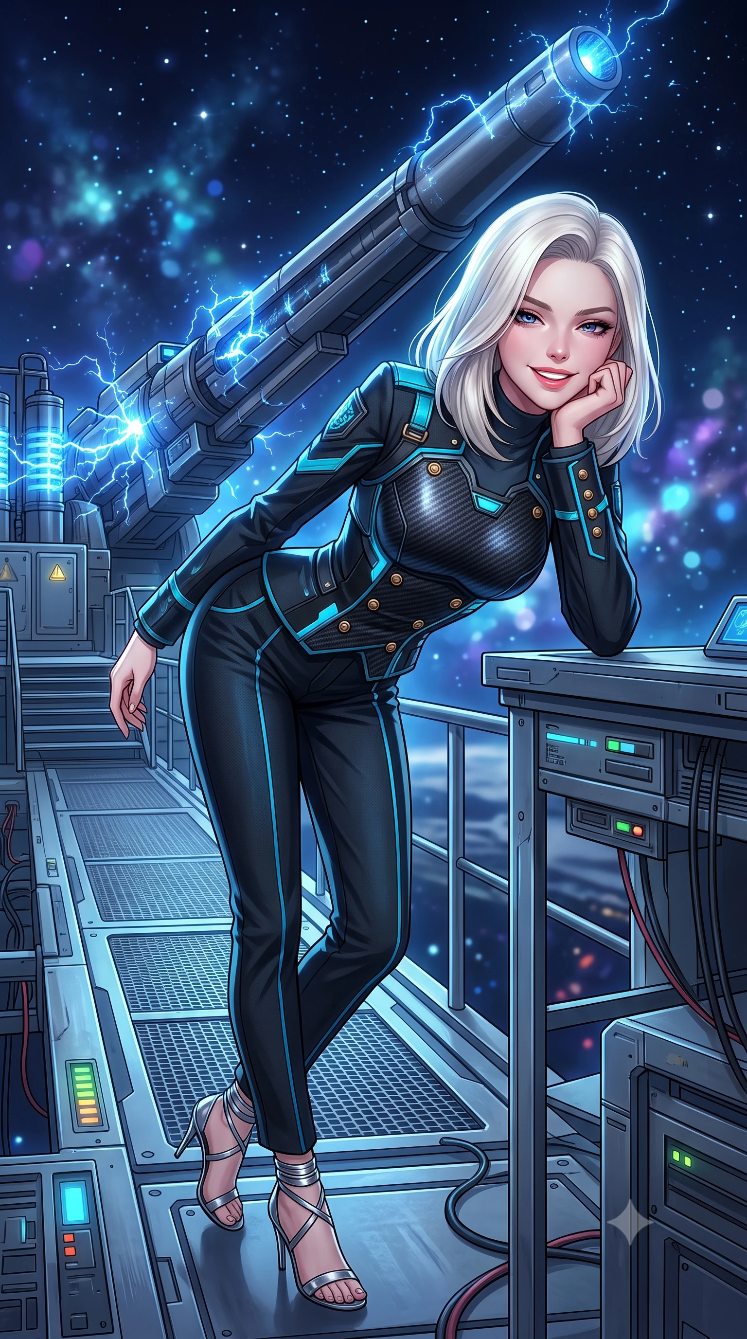 score_9, masterpiece, best quality, ultra-detailed, high-budget anime keyframe, semi-realistic 3D game render, editorial fashion photography, tasteful artistic composition, Caucasian woman. close-up cowboy shot from the waist and thighs up, the character dominates the composition, filling the frame with her large presence. resting one elbow on the table and supporting her chin, leaning close to the camera with heavy-lidded sparkling eyes and parted lips while standing poised on the maintenance gantry beside the monumental 100-meter railgun barrel pointed into the stars, arching her lower back with sovereign diva charisma. The background shows a soft-focus massive railgun barrel stretching into the starry void, crackling blue plasma sparks from capacitor banks, and distant glowing nebula clouds blurred into sapphire, cyan, and amethyst bokeh. She has an exceptionally elegant, slender, and willowy female figure with an ultra-slim waist, flat toned midriff, narrow ribcage, and sculpted feminine hips creating an alluring, slim hourglass silhouette without bulk. sharp v-shaped jawline, high-bridge nose, intricate jewel-like sparkling eyes with depth, thick eyelashes, glossy parted lips with a natural peach sheen, bright cheerful beaming smile with an enchanting and coquettish sensual glint, exuding both youthful cute charm and seductive allure, flawlessly proportioned anatomical accuracy, strict slender model proportions, natural body alignment, perfectly sculpted long slender limbs, ultra-slim waistline, clean dynamic posture without body distortion. wearing a structured cyber-infantry dress uniform jacket with carbon-fiber chest plating and brass buttons over a mock-neck top and tailored wool trousers in tactical obsidian black and high-voltage cyan, woven from structured carbon-fiber jacquard with rich textural depth, complemented by strappy stiletto sandals with metallic ankle wraps accentuating her slender calves, the bespoke structured tailoring following the natural line of her 8.5-heads silhouette with refined elegance. bathed in cold electric-blue capacitor glow combined with crisp unpolluted starlight. highly saturated vibrant anime colors, detailed shading with soft gradients, rich glossy textures, high-contrast stereoscopic depth, volumetric dynamic lighting, master piece, 9:16 ratio