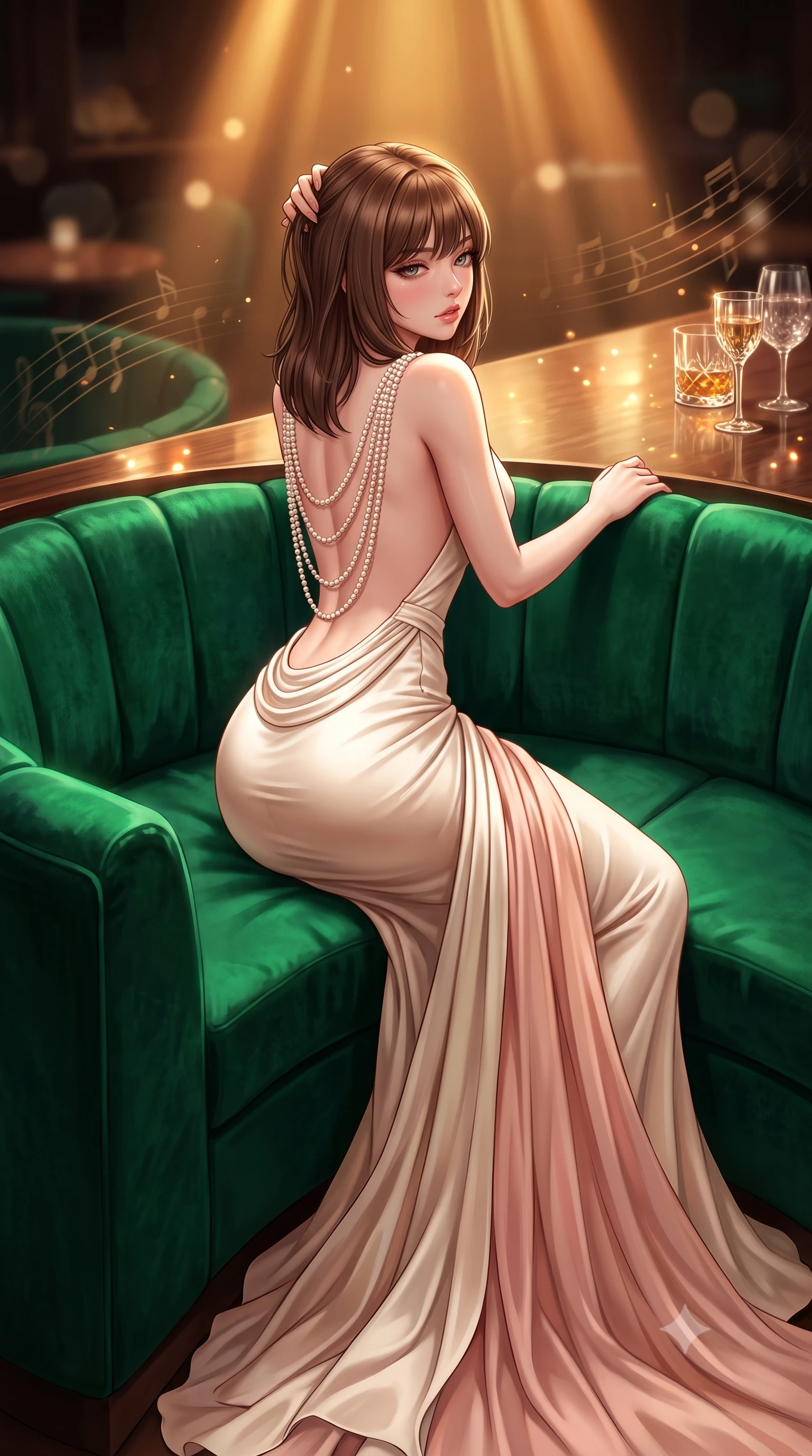 score_9, masterpiece, best quality, ultra-detailed, high-budget anime keyframe, semi-realistic 3D game render, editorial fashion photography, tasteful artistic composition, Korean woman. low angle full-body shot from head to toe showing her feet, filling the entire 9:16 vertical frame with her statuesque presence, stretching her vertical silhouette. posing with back turned slightly to the lens, glancing back with smoldering allure as she arches her lower back to emphasize her sculpted feminine hips and slender waist while reclining languidly in an oversized emerald velvet circular booth, running fingers through her glossy hair as saxophone melodies drift. The composition keeps background elements in soft focus with creamy bokeh. crystal glass refractions and polished bar top reflections scattering warm decadent light motes. She has an exceptionally tall and slender model-like 8.5-heads proportion, an ultra-slim waist, a flat toned midriff, narrow delicate ribcage, and beautifully sculpted feminine hips creating a graceful, slim hourglass silhouette without any bulky heaviness, with impossibly long slender legs. sharp v-shaped jawline, high-bridge nose, intricate jewel-like eyes with depth, thick eyelashes, glossy parted lips with a natural sheen, intensely captivating and seductive bedroom-eyes expression, flawlessly proportioned anatomical accuracy, strict slender model proportions, natural body alignment, perfectly sculpted long slender limbs, ultra-slim waistline, clean dynamic posture without body distortion. wearing an open-back duchess satin gala gown with a dramatic hip-hugging drape and cascading trailing hem in vintage champagne ivory and delicate rose gold, woven from layered gossamer chiffon with a weightless sweeping drape, accented with a multi-strand pearl back necklace cascading down her bare spine to her hips, the liquid-tight tailored fabric clinging flawlessly to her narrow waist and rounded feminine hips, emphasizing every millimeter of her sculpted slim hourglass curves without any bulky heaviness. bathed in warm amber incandescent spotlight beams and soft emerald velvet perimeter glow. highly saturated vibrant anime colors, detailed shading with soft gradients, rich glossy textures, high-contrast stereoscopic depth, volumetric dynamic lighting, master piece, 9:16 ratio
