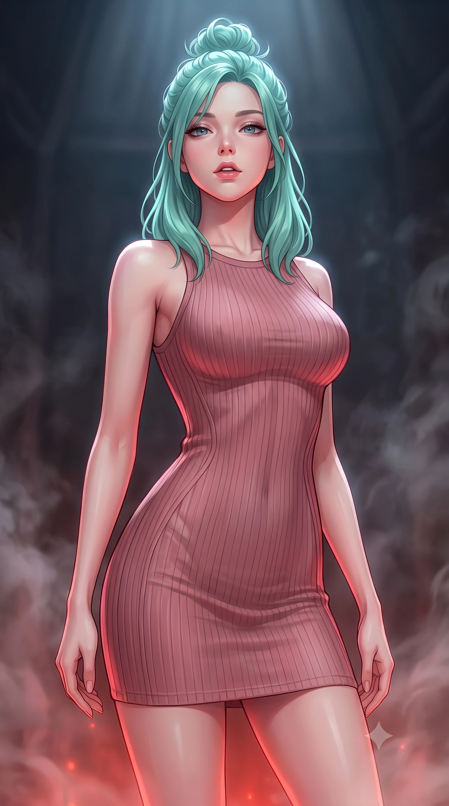 score_9, masterpiece, best quality, ultra-detailed, high-budget anime keyframe, editorial fashion photography, tasteful artistic composition, Japanese woman woman. close-up cowboy shot from the waist and thighs up, the character dominates the composition, filling the frame with her large presence, background elements kept in soft focus. She has an exceptionally elegant, slender, and willowy female figure with an ultra-slim waist, a gracefully sculpted slender torso, and a refined silhouette. tilting her chin up slightly with lips parted in a composed and alluring expression, flawlessly proportioned anatomical accuracy, natural body alignment, perfectly sculpted elegant limbs, clean dynamic posture without body distortion. set against a soft-focus background of a dark basalt thermal bath chamber with rising mineral steam. wearing a sculpted dusty rose ribbed knit bodycon dress with form-contouring side seams. bathed in warm crimson furnace glow from below contrasting with cool top ambient light. highly saturated vibrant anime colors, detailed shading with soft gradients, rich glossy textures, high-contrast stereoscopic depth, volumetric dynamic lighting, master piece, 9:16 ratio