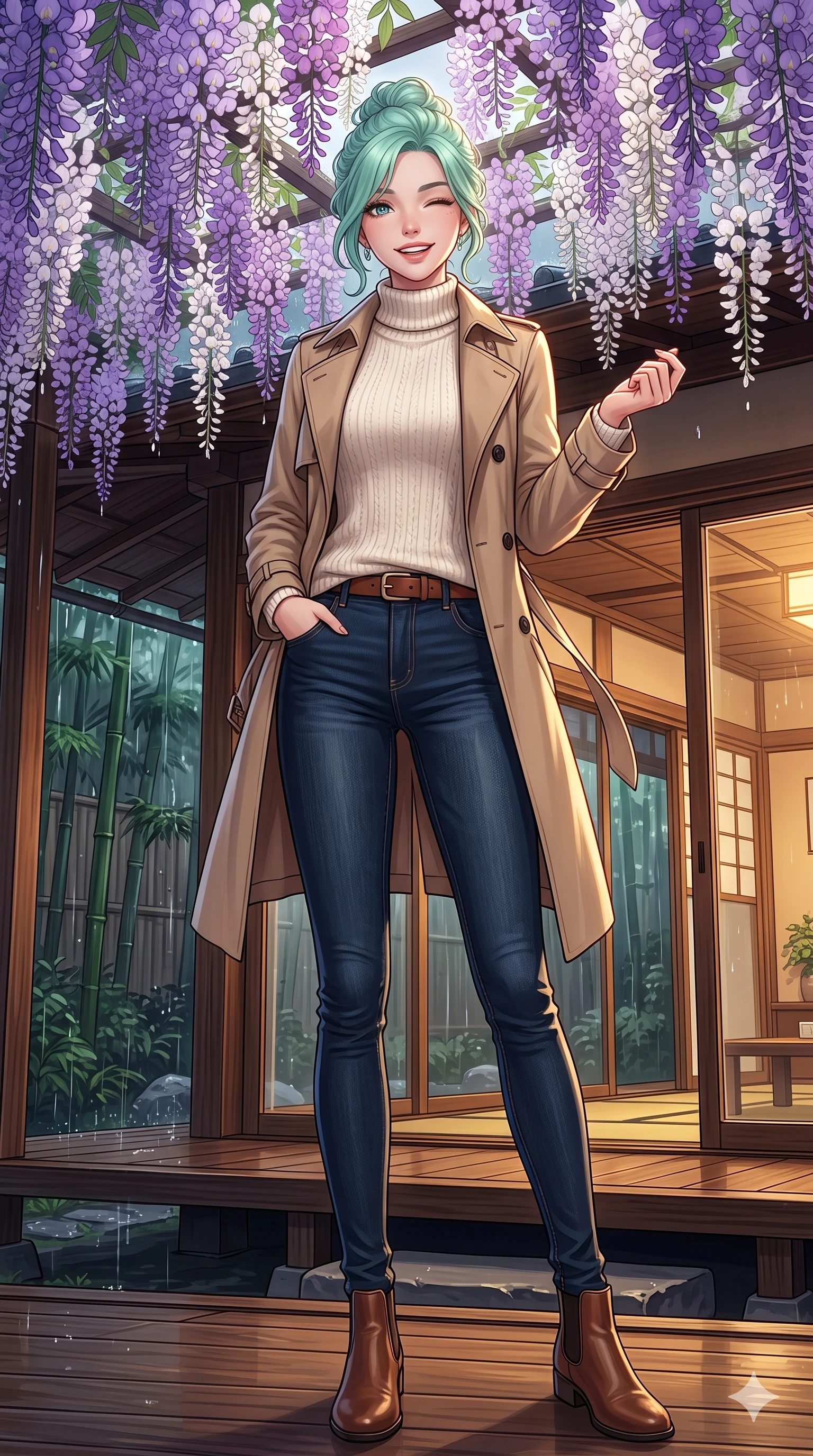 score_9, masterpiece, best quality, ultra-detailed, high-budget anime keyframe, vibrant anime aesthetic, Japanese woman. low angle full-body shot from head to toe showing her feet, filling the entire 9:16 vertical frame with her statuesque presence, stretching her vertical silhouette. She is standing under wisteria vines, winking with a cheerful and lively face, looking directly into the lens with a gentle tilt of her head. inside a warm, wood-paneled tea house veranda with large sliding glass doors facing a rain-swept bamboo garden (Code-P22-011). She has an absolutely perfect 8-heads proportion, an exceptionally tall and slender female figure with impossibly long slender legs and an ultra-slim waist. V-shaped jawline, high-bridge nose, intricate jewel-like eyes with depth, thick eyelashes, glossy lips with a natural sheen. wearing a classic beige trench coat over a white turtleneck sweater and dark skinny jeans with an elegant leather belt. She is lit by vibrant twilight sky reflections, tracing her shoulders and neckline, outlining her perfect 8-heads proportion in the rainy afternoon. 2k, ultra detail, master piece, 9:16 ratio