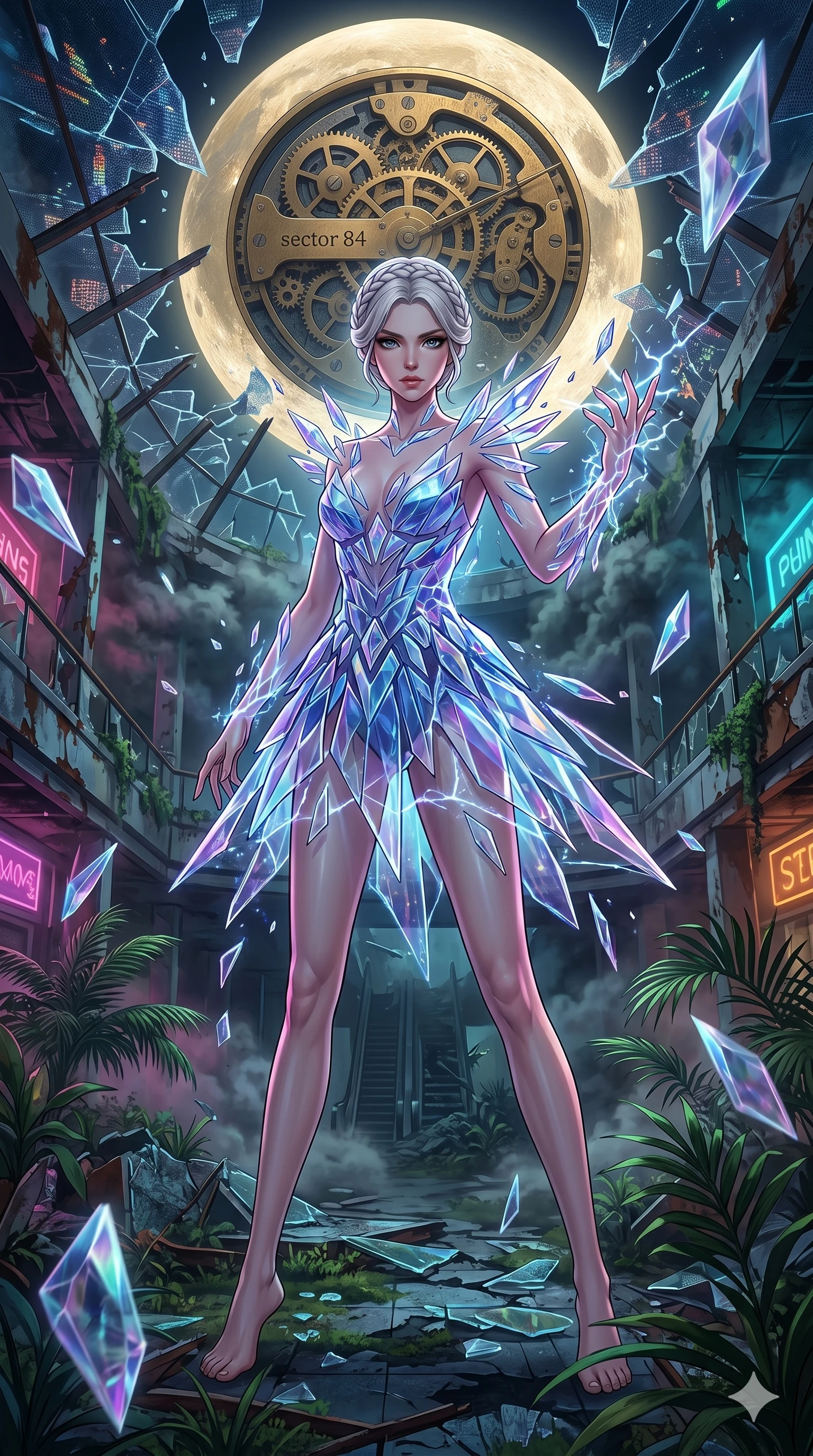 score_9, masterpiece, best quality, ultra-detailed, Set A: High-budget Anime Keyframe, Japanese woman. Low angle cowboy shot filling the entire 9:16 frame with her statuesque presence. Theme: Ethereal Dream. shattering the fabric of reality in a ruined overgrown shopping mall, with a massive clockwork moon ticking behind her as sector 84. The atmosphere is filled with heavy smog with neon flares. She has an absolutely perfect 8-heads proportion, an exceptionally tall and slender female figure with impossibly long slender legs and an ultra-slim waist. Sharp v-shaped jawline, high-bridge nose, intricate jewel-like eyes with depth, glossy lips. Wearing Abstract geometry dress made of floating crystalline shards held by energy fields. Cinematic lighting, vivid colors, dramatic shadows, 2k, ultra detail, master piece, 9:16 ratio