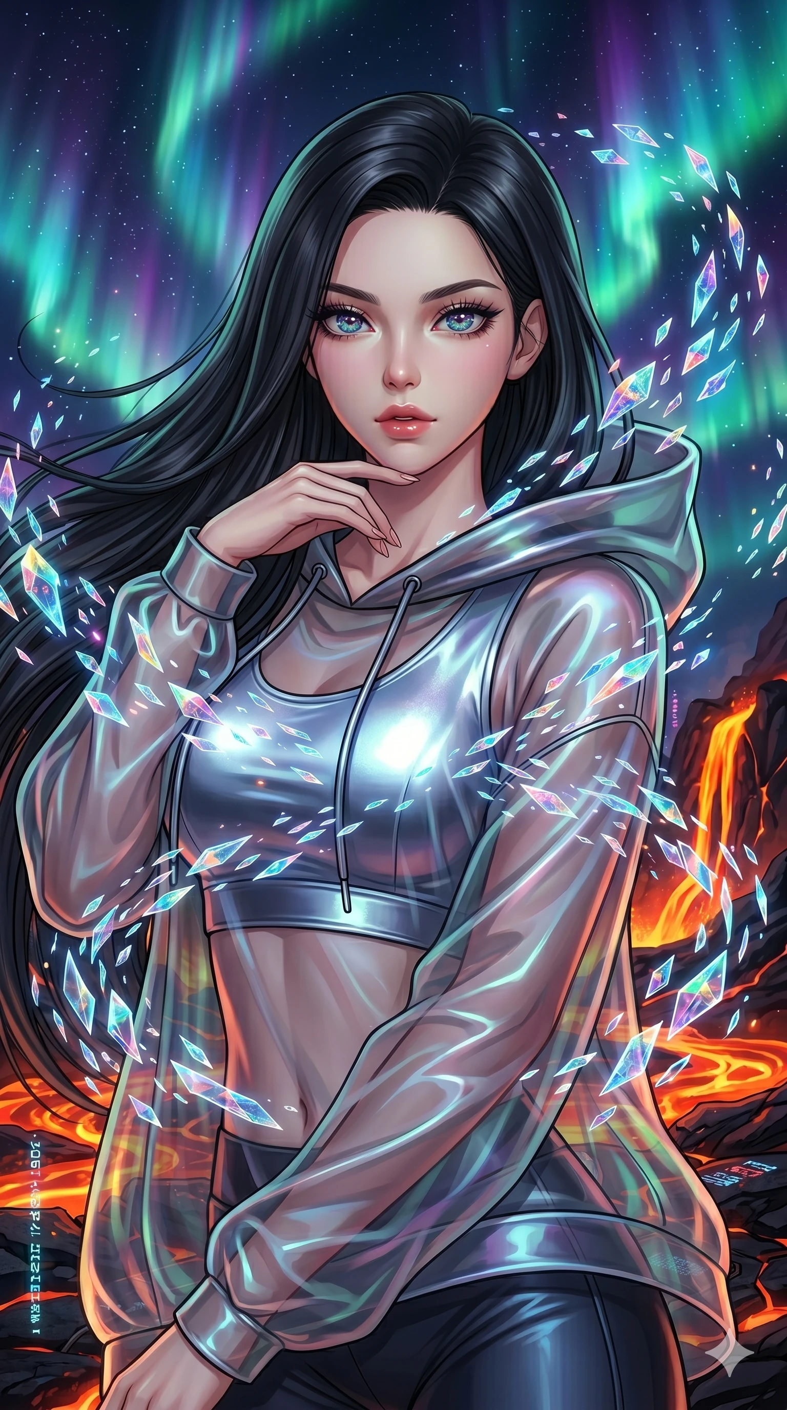 score_9, masterpiece, best quality, ultra-detailed, high-budget anime movie keyframe, cinematic anime lighting, intricate line art, Caucasian (strictly human ears) anime girl. Upper body filling screen focusing on her alluring features and slim-fit silhouette. dancing with data-shards in a volcanic lava forge amidst aurora borealis. She has an absolutely perfect 8-heads proportion, an exceptionally tall and slender female figure with an ultra-slim waist and impossibly long slender legs. sharp v-shaped jawline, high-bridge nose, intricate jewel-like eyes, thick eyelashes, glossy lips. Wearing premium athleisure set with a metallic-finish compression top, high-cut yoga shorts that accentuate her long legs, and a sheer oversized hoodie. The scene is illuminated by dramatic atmospheric lighting and vibrant color palettes. 2k, ultra detail, master piece, 9:16 ratio