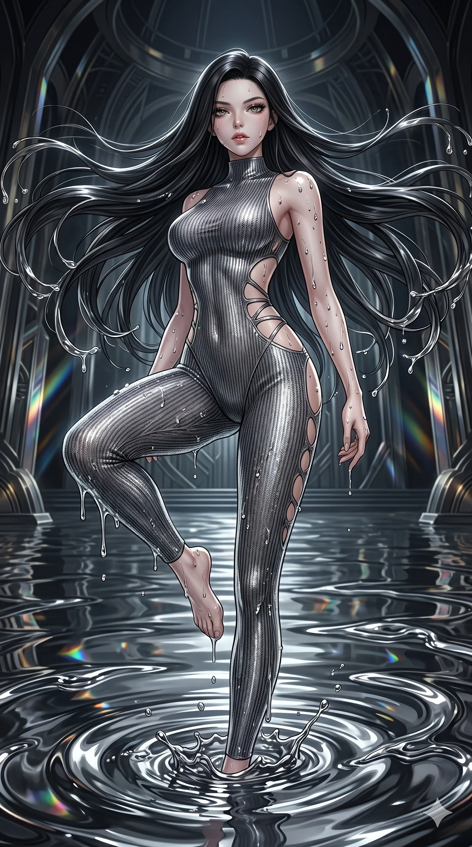 score_9, masterpiece, best quality, ultra-detailed, High-budget Anime Keyframe, East Asian woman. Dynamic full-body shot stretching the vertical silhouette to the limit. Scenario 34: Rising from a pool of mercury-like liquid, droplets rolling off her skin. Her presence is magnetic and overpowering in this high-budget anime scene. Outfit 34: A ribbed bodycon knit micro-mesh with a strategic side cut-outs and tight-fitting silhouette. The clothing is designed to emphasize her exceptionally tall and slender 8-heads proportion. 8-heads proportion, towering silhouette, ultra-slim waist. sharp v-shaped jawline, intricate jewel-like eyes with depth, thick eyelashes, glossy lips. 2k, ultra detail, master piece, 9:16 ratio