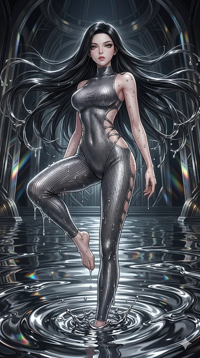 score_9, masterpiece, best quality, ultra-detailed, High-budget Anime Keyframe, East Asian woman. Dynamic full-body shot stretching the vertical silhouette to the limit. Scenario 34: Rising from a pool of mercury-like liquid, droplets rolling off her