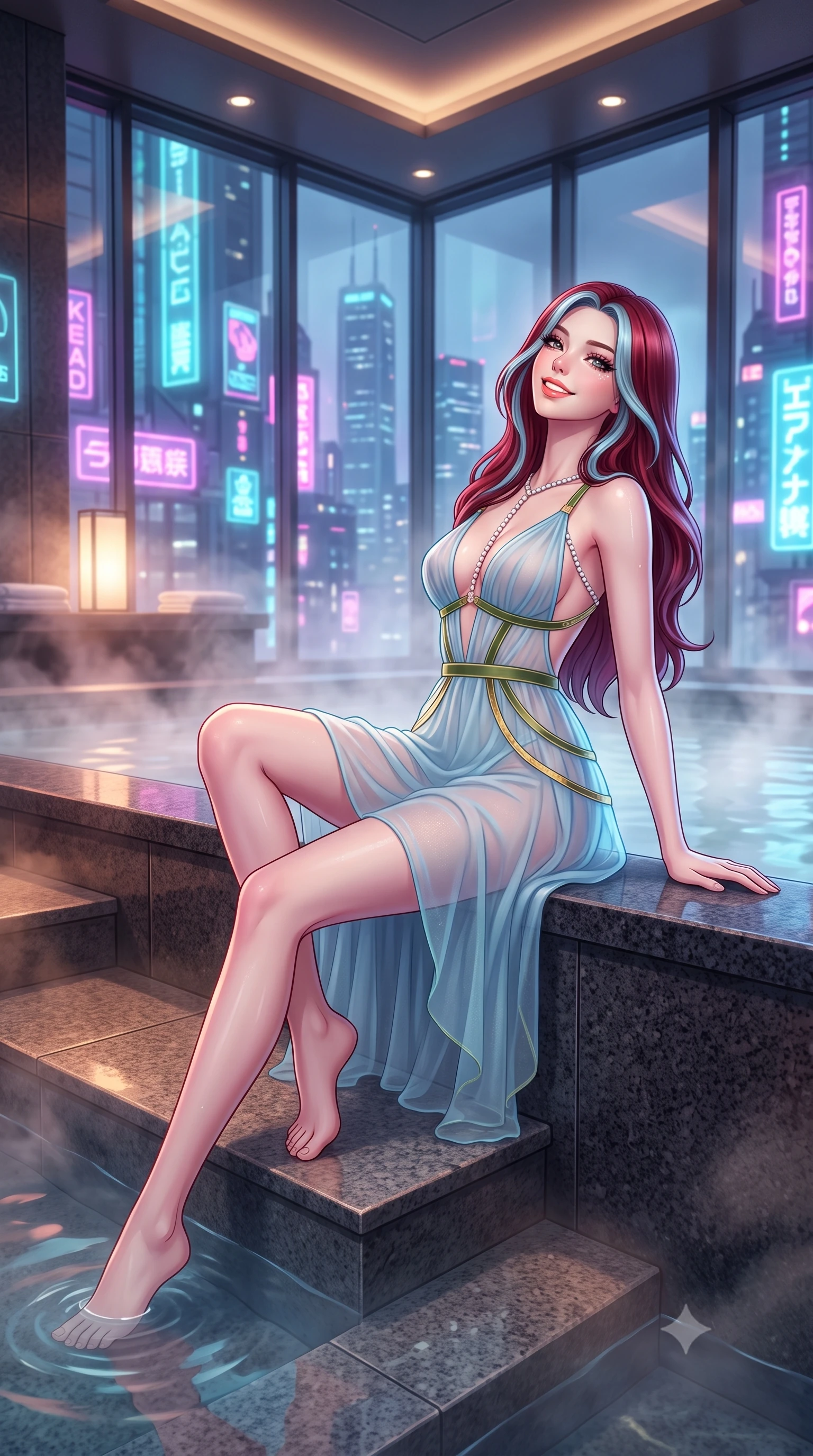 score_9, masterpiece, best quality, ultra-detailed, high-budget anime keyframe, semi-realistic 3D game render, editorial fashion photography, tasteful artistic composition, Caucasian woman. low angle full-body shot from head to toe showing her feet, filling the entire 9:16 vertical frame with her statuesque presence, stretching her vertical silhouette. sitting poised on the stone steps with one knee bent, arching her spine with supermodel elegance as she glances upward through thick eyelashes while lounging in the steaming water propped on the dark granite tub rim with legs extended, her statuesque 8.5-heads silhouette commanding the clouds. The background shows a soft-focus rising thermal bath steam softened in ultra-futuristic skyscraper sanctuary shallow focus. She has an exceptionally tall and slender model-like 8.5-heads proportion, an ultra-slim waist, a flat toned midriff, narrow delicate ribcage, and beautifully sculpted feminine hips creating a graceful, slim hourglass silhouette without any bulky heaviness, with impossibly long slender legs. sharp v-shaped jawline, high-bridge nose, intricate jewel-like sparkling eyes with depth, thick eyelashes, glossy parted lips with a natural peach sheen, bright cheerful beaming smile with an enchanting and coquettish sensual glint, exuding both youthful cute charm and seductive allure, flawlessly proportioned anatomical accuracy, strict slender model proportions, natural body alignment, perfectly sculpted long slender limbs, ultra-slim waistline, clean dynamic posture without body distortion. wearing a provocative semi-sheer icy blue tulle cocktail dress with velvet ribbon piping contouring her narrow waist and hips in Gion antique matcha green and gilded gold leaf, made of sheer gossamer chiffon that drapes softly against skin with airy translucence, accented with a pearl-drop body harness subtly framing her dewy collarbones and spine, the precision-cut side openings and low-back scoop framing her graceful spine and the sensual sweep of her slim, toned hips. bathed in the dramatic neon ambient of the cyberpunk metropolis contrasted with dim 2800K recessed cove downlights. highly saturated vibrant anime colors, detailed shading with soft gradients, rich glossy textures, high-contrast stereoscopic depth, volumetric dynamic lighting, master piece, 9:16 ratio