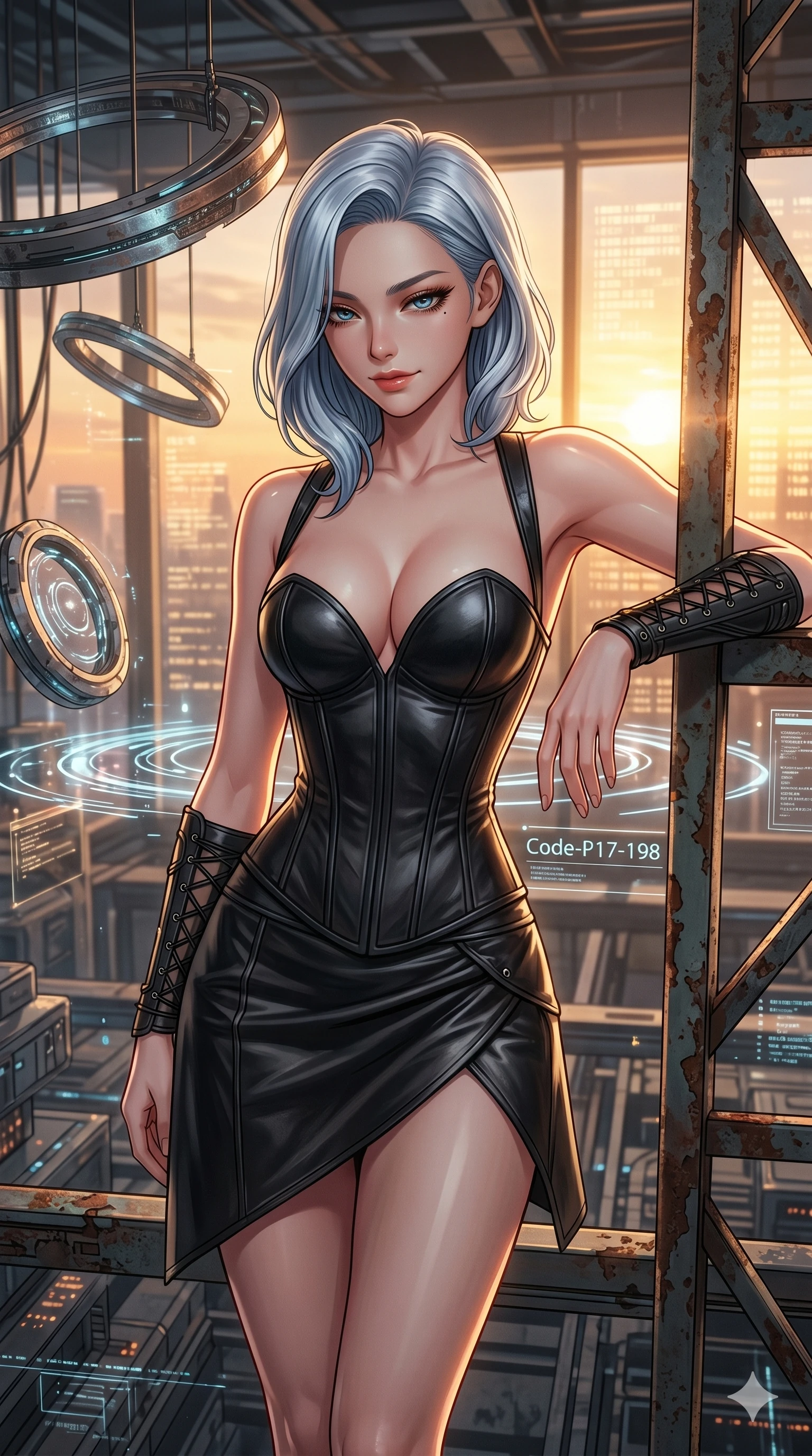 score_9, masterpiece, best quality, ultra-detailed, high-budget anime keyframe, editorial fashion photography, tasteful artistic composition, Korean woman. cowboy shot from the thighs up, character and outfit filling the frame for maximum editorial presence. resting her arm on a metal bar, looking down with a smoldering half-smile in a digital room with rotating rings (Code-P17-198). She has an absolutely perfect 8-heads proportion, an exceptionally tall and slender female figure with impossibly long slender legs and an ultra-slim waist. V-shaped jawline, high-bridge nose, intricate jewel-like eyes with depth, thick eyelashes, glossy lips with a natural sheen. wearing a leather corset with sweetheart neckline revealing her cleavage. golden sunset light streaming through the window, outlining her high-bridge nose and lips. 2k, ultra detail, master piece, 9:16 ratio