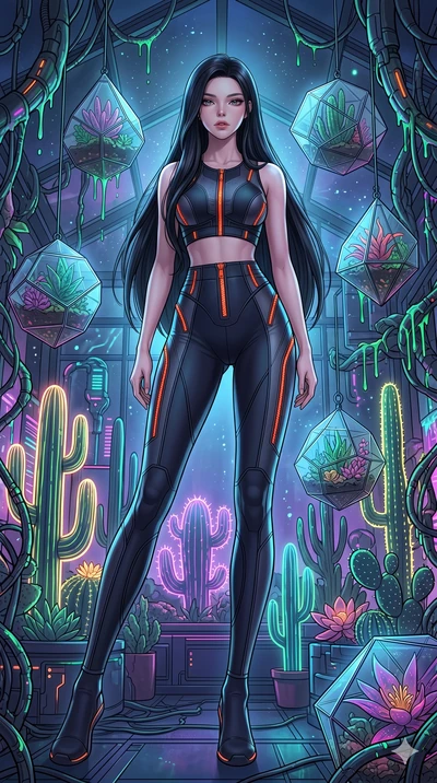 score_9, masterpiece, best quality, ultra-detailed, high-budget anime keyframe, Korean woman. low angle full-body shot filling the entire 9:16 frame with her statuesque presence, stretching the vertical silhouette. standing in a retro-futuristic synt