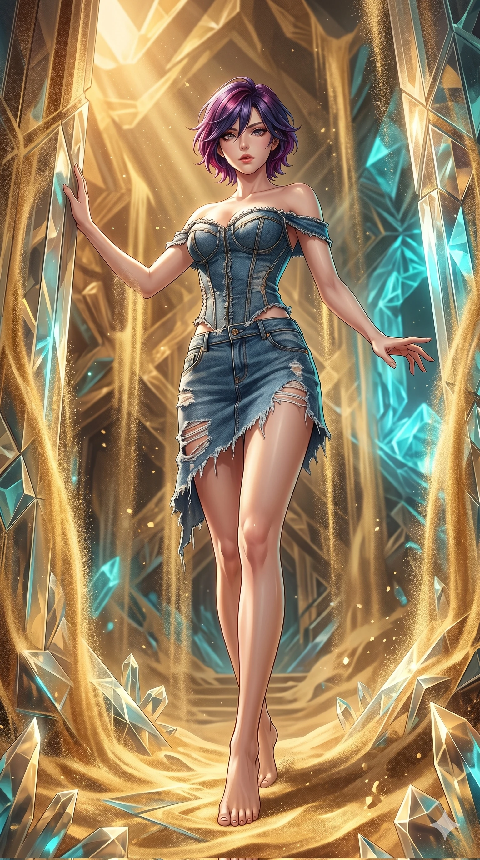score_9, masterpiece, best quality, ultra-detailed, high-budget anime keyframe, Japanese woman. low angle full-body shot filling the entire 9:16 frame with her statuesque presence, stretching the vertical silhouette. descending through a fractal quicksand temple where golden sand waterfalls transform into glass crystals, revealing intricate repeating patterns. She has an absolutely perfect 8-heads proportion, an exceptionally tall and slender female figure with impossibly long slender legs and an ultra-slim waist. V-shaped jawline, high-bridge nose, intricate jewel-like eyes with depth, thick eyelashes, glossy lips with a natural sheen.. wearing a deconstructed denim corset and an asymmetric ripped denim micro-skirt, showcasing a rugged yet chic off-shoulder style. showcasing a beautiful play of light and shadow, with warm golden rays clashing against cool cyan highlights. 2k, ultra detail, master piece, 9:16 ratio