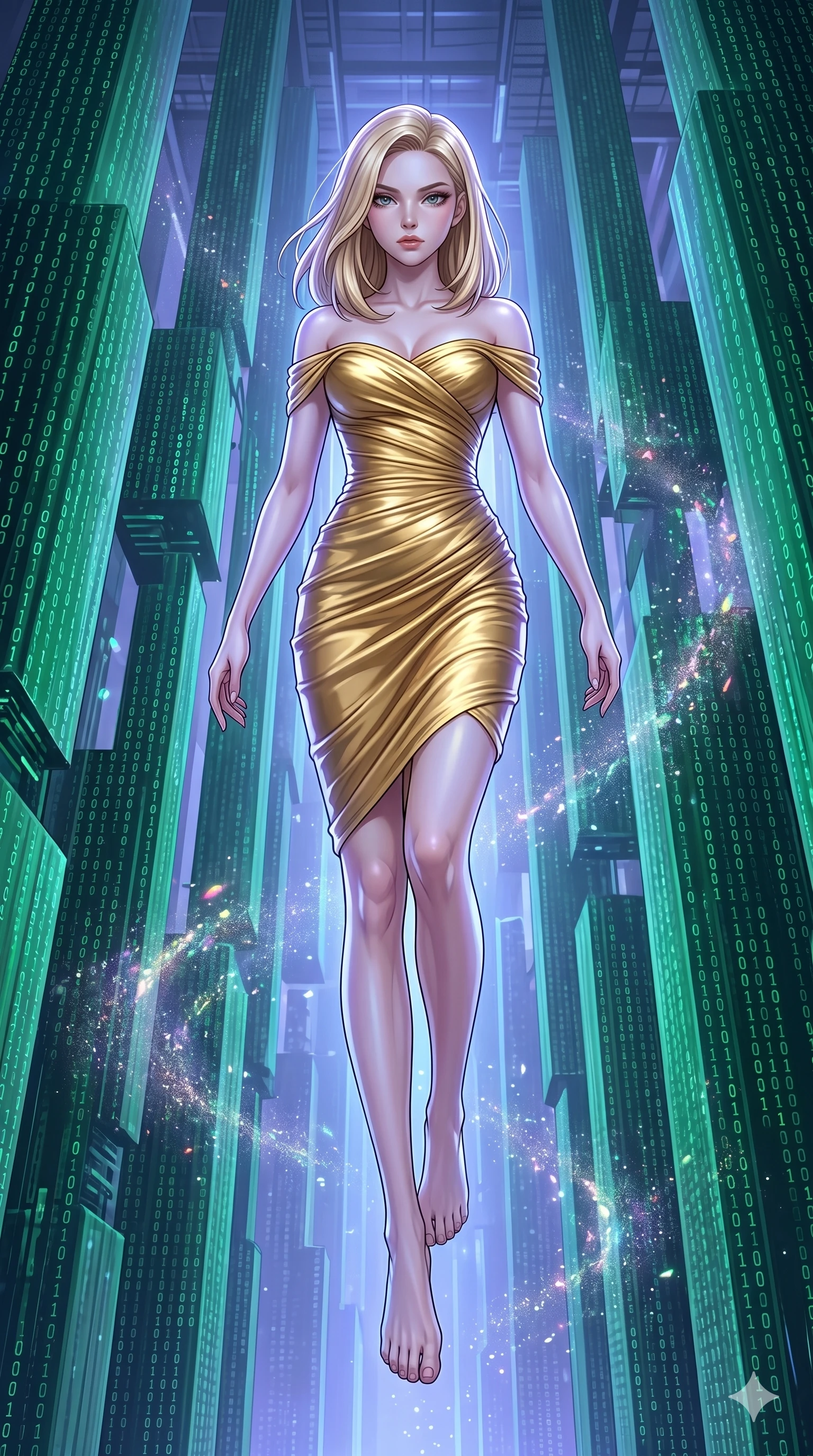 score_9, masterpiece, best quality, ultra-detailed, high-budget anime keyframe, editorial fashion photography, tasteful artistic composition, Korean woman. low angle full-body shot from head to toe showing her feet, filling the entire 9:16 vertical frame with her statuesque presence, stretching her vertical silhouette. Leaping downward from a height, her body poised for landing with athletic grace inside a quantum datacenter where binary code cascades down giant towering emerald pillars, with iridescent dust particles suspended in mid-air. She has an absolutely perfect 8-heads proportion, an exceptionally tall and slender female figure with impossibly long slender legs and an ultra-slim waist. V-shaped jawline, high-bridge nose, intricate jewel-like eyes with depth, thick eyelashes, glossy lips with a natural sheen. wearing an off-shoulder liquid gold jersey dress that clings to her statuesque frame with elegant ruching. bathed in a cool, ethereal blue-violet bioluminescent glow that highlights her form from all sides. 2k, ultra detail, master piece, 9:16 ratio