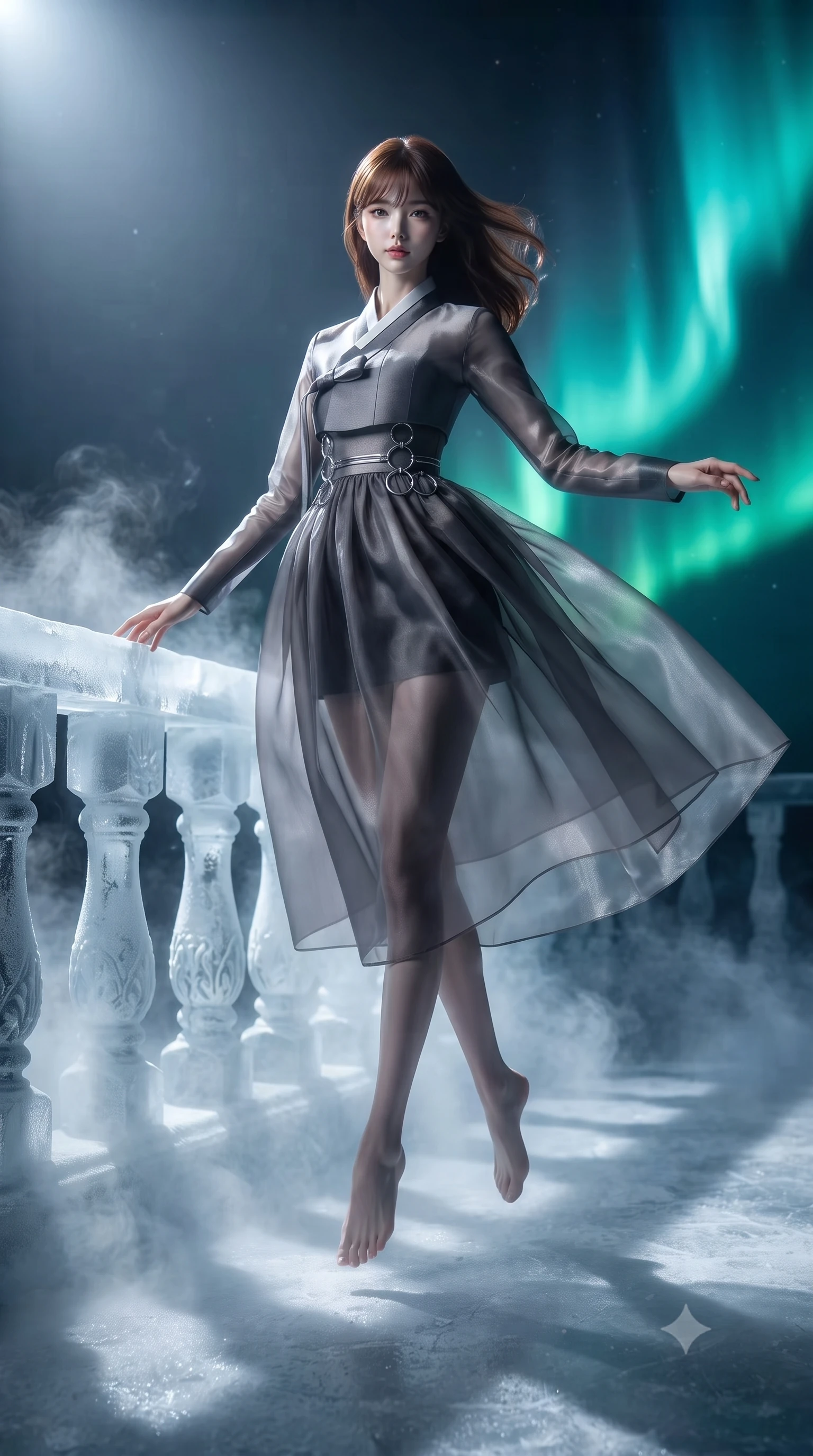 score_9, masterpiece, best quality, ultra-detailed, high-budget anime keyframe, editorial fashion photography, tasteful artistic composition, Korean woman. low angle full-body shot from head to toe showing her feet, filling the entire 9:16 vertical frame with her statuesque presence, stretching her vertical silhouette. performing an athletic mid-air rotation with flawless poise, her vertical silhouette beautifully stretched while resting her fingers gracefully near a carved ice balustrade as frosty mist drifts nearby, dramatic opera spotlights casting sharp dynamic shadows across the frozen stage. She has an absolutely perfect, statuesque 8.5-heads proportion, an exceptionally tall and slender model-like female figure with impossibly long slender legs and an ultra-slim waist. sharp v-shaped jawline, high-bridge nose, intricate jewel-like eyes with depth, thick eyelashes, glossy lips with a natural sheen, flawlessly proportioned anatomical accuracy, natural body alignment, perfectly sculpted elegant limbs, clean dynamic posture without body distortion. wearing a modern fusion silk hanbok dress with a structured bodice and flowing skirt in charcoal grey and platinum, woven from fine semi-opaque sheer organza, accented with delicate chrome ring hardware framing her waist, the glove-like fit emphasizing her statuesque silhouette during motion. bathed in crisp silver moonlight and vivid cyan-green polar aurora backlighting. ultra-reflective glossy finish, specular highlights, metallic sheen, high-contrast stereoscopic depth, volumetric dynamic lighting, 2k, ultra detail, master piece, 9:16 ratio