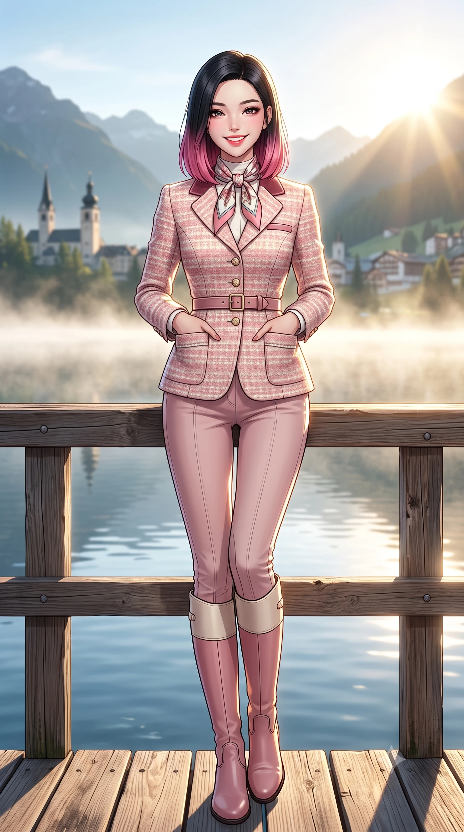 score_9, masterpiece, best quality, ultra-detailed, high-budget anime keyframe, semi-realistic 3D game render, editorial fashion photography, tasteful artistic composition, Korean woman. low angle full-body shot from head to toe showing her feet, filling the entire 9:16 vertical frame with her statuesque presence, stretching her vertical silhouette. standing tall and centered in the frame with hands tucked into her coat pockets, radiating statuesque poise and calm warmth while leaning against the rustic timber pier railing, watching mist dance across the lake surface with tranquil poetic charm. The background shows a soft-focus distant St. Moritz village towers softened in pristine Swiss nature shallow focus. She has an exceptionally tall and slender model-like 8.5-heads proportion, an ultra-slim waist, a flat toned midriff, narrow delicate ribcage, and beautifully sculpted feminine hips creating a graceful, slim hourglass silhouette without any bulky heaviness, with impossibly long slender legs. sharp v-shaped jawline, high-bridge nose, intricate jewel-like sparkling eyes with depth, thick eyelashes, glossy parted lips with a natural peach sheen, bright cheerful beaming smile with an enchanting and coquettish sensual glint, exuding both youthful cute charm and seductive allure, flawlessly proportioned anatomical accuracy, strict slender model proportions, natural body alignment, perfectly sculpted long slender limbs, ultra-slim waistline, clean dynamic posture without body distortion. wearing a tailored velvet collar wool equestrian blazer paired with slim-cut riding trousers and knee-high leather boots in Parisian pastel rose bouclé and cream pearl, crafted from ultra-soft Mongolian cashmere with exquisite insulating warmth and tactile softness, finished with a printed silk twilly scarf knotted gracefully around her neck, the structured cinched belt emphasizing her narrow waistline and gracefully balanced proportions with timeless haute-couture polish. bathed in crisp, sparkling morning sun breaking over mountain crests, illuminating lake mist with ethereal golden backlighting. highly saturated vibrant anime colors, detailed shading with soft gradients, rich glossy textures, high-contrast stereoscopic depth, volumetric dynamic lighting, master piece, 9:16 ratio